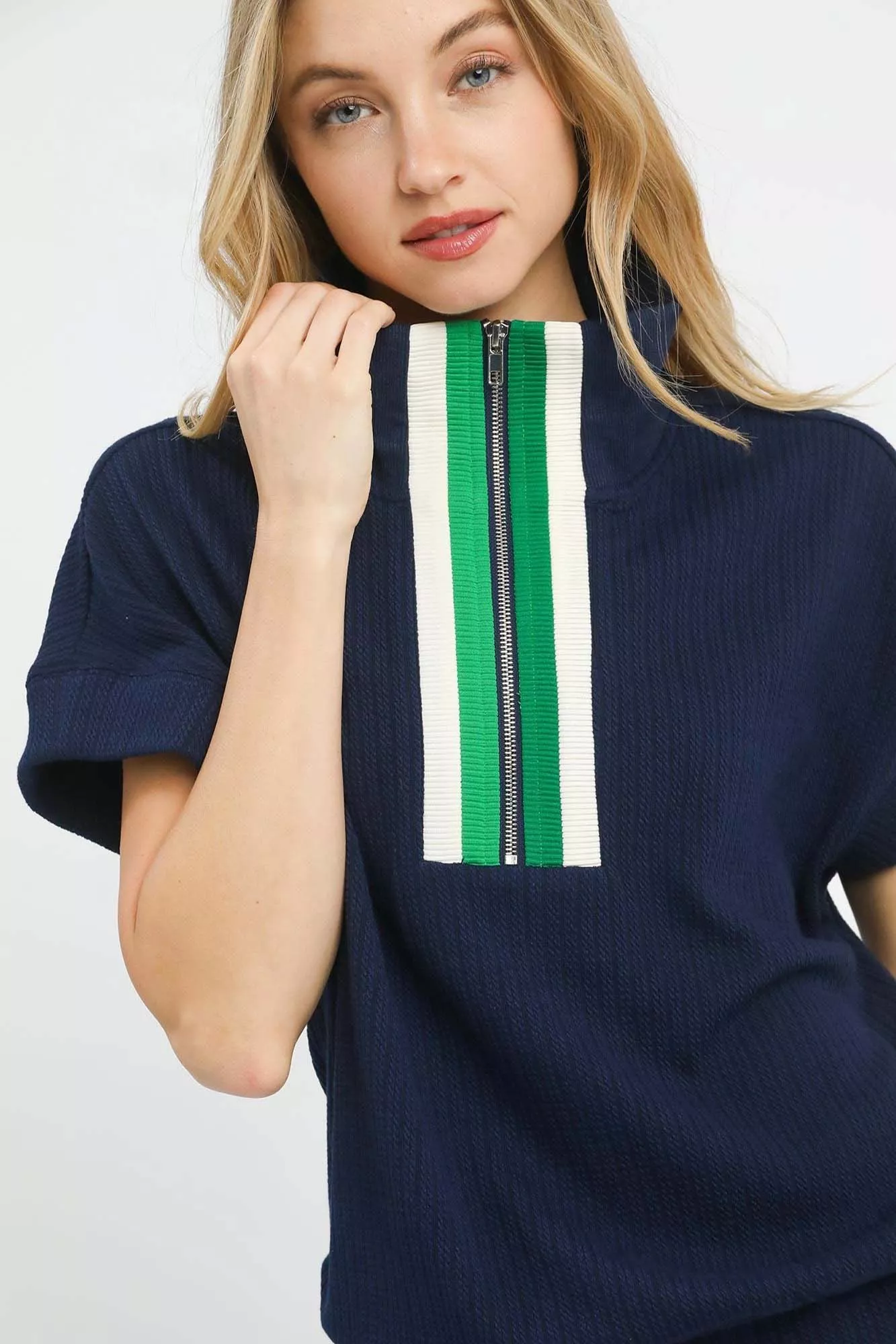 Umgee Textured Striped Zip Collar Knit Top - Image 5