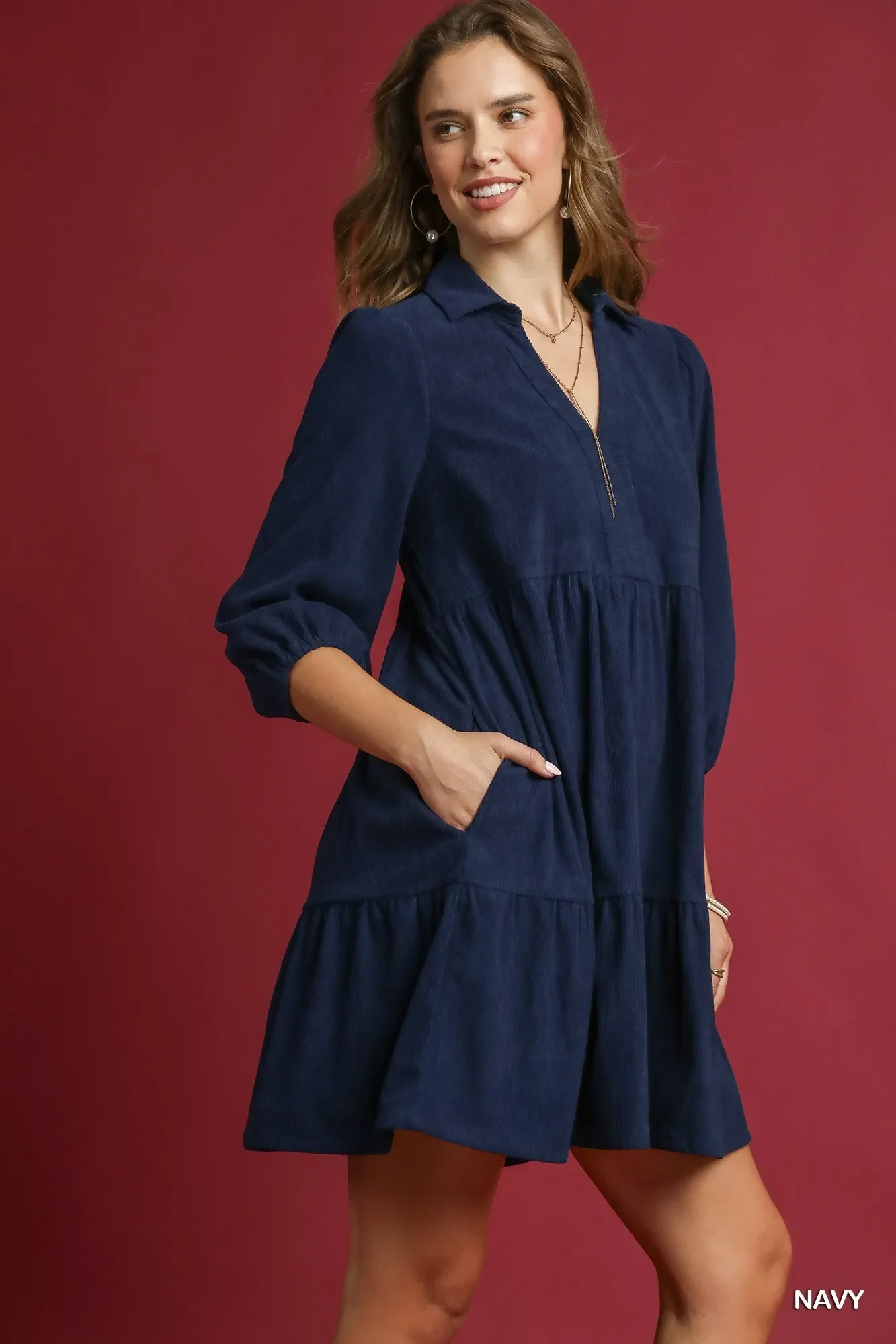 Umgee Tiered Corduroy Mini Dress with Balloon Sleeves - Image 3