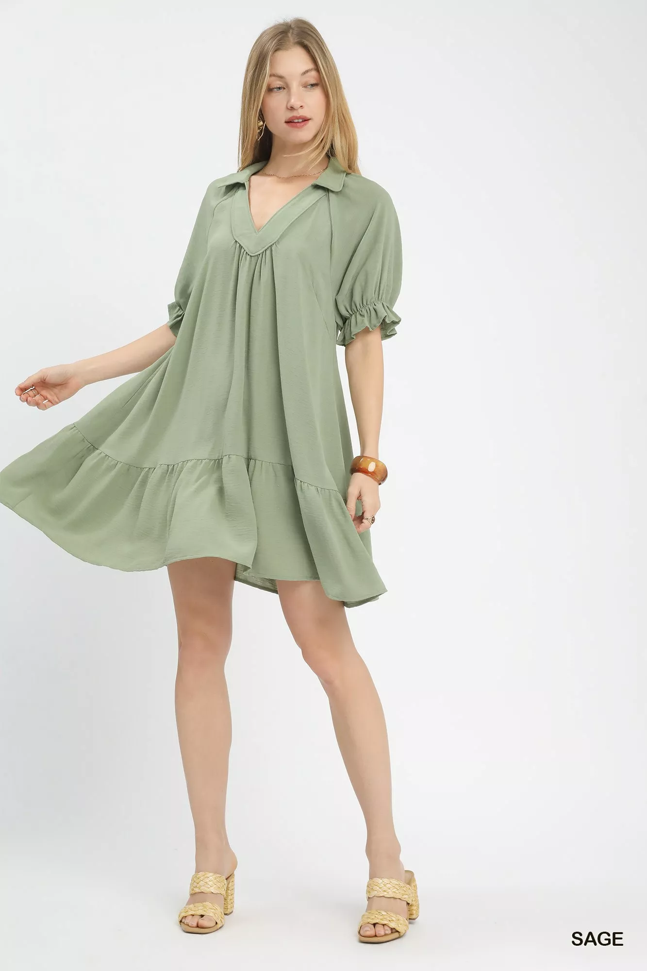Umgee Tiered Puff Sleeve Babydoll Dress - Image 2