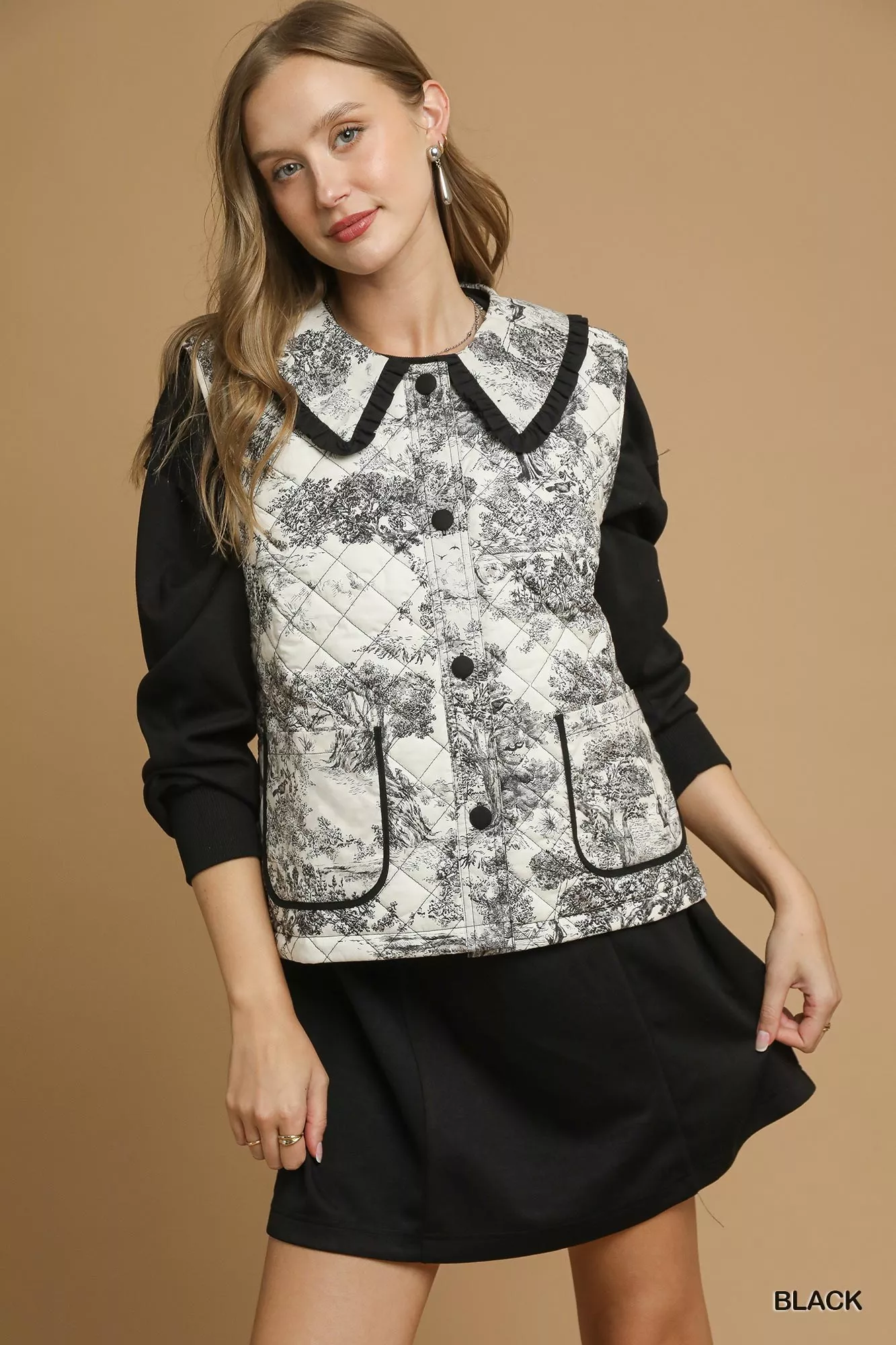 Umgee Toile Quilted Vest with Ruffle Collar - Image 2