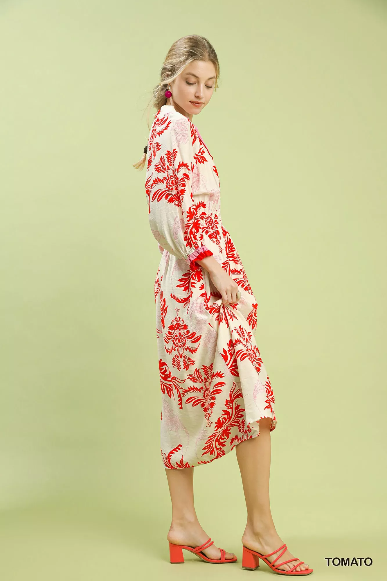 Umgee Tropical Print Button Detail Midi Dress - Image 3