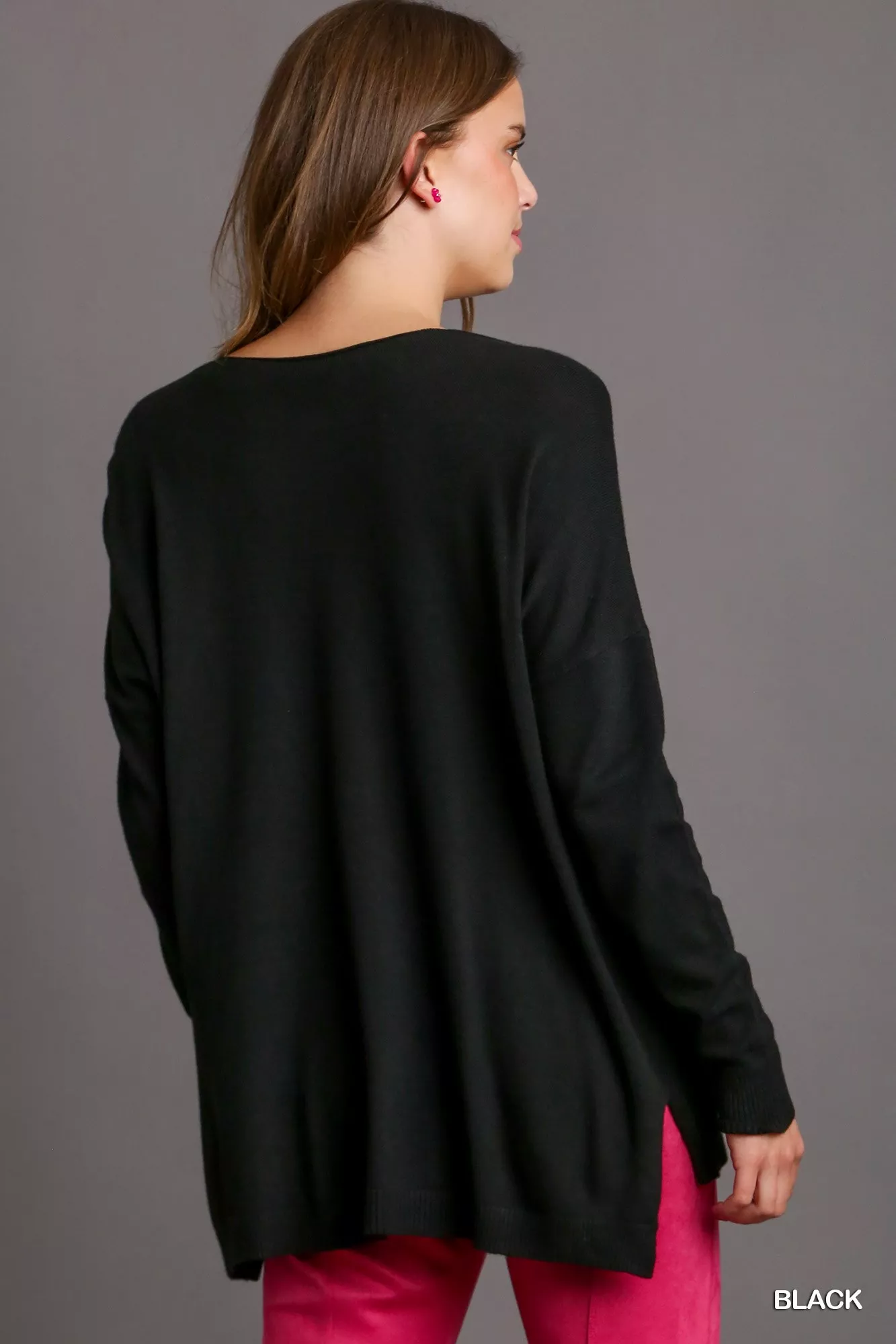 Umgee V-Neck High Low Hem Knit Top with Side Slit - Image 2