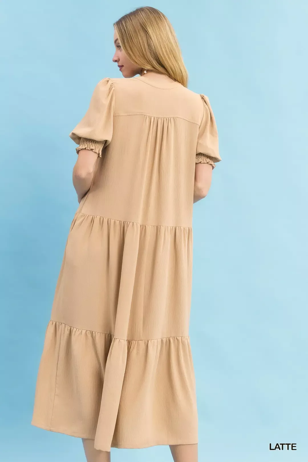 Umgee V-Neck Puff Sleeve Tiered Midi Dress - Image 4