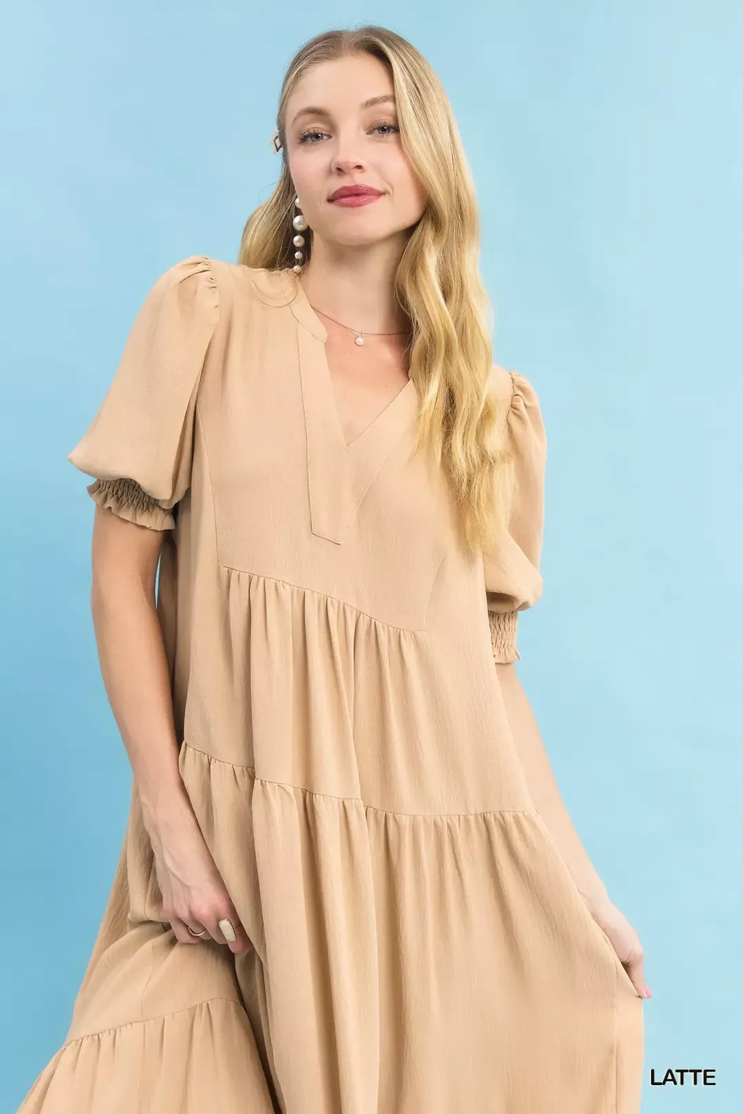 Umgee V-Neck Puff Sleeve Tiered Midi Dress - Image 5