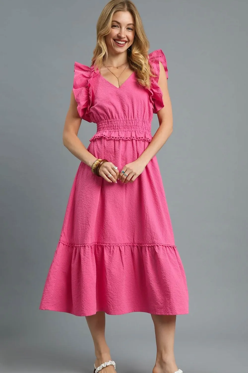 Umgee V-Neck Ruffled Cap Sleeve Midi Dress - Image 3