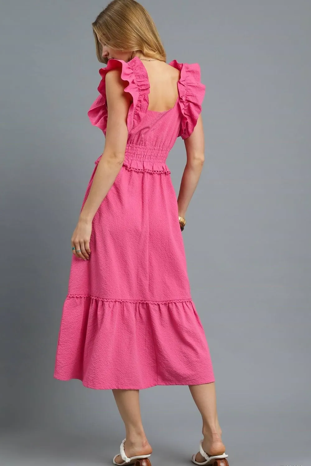 Umgee V-Neck Ruffled Cap Sleeve Midi Dress - Image 4