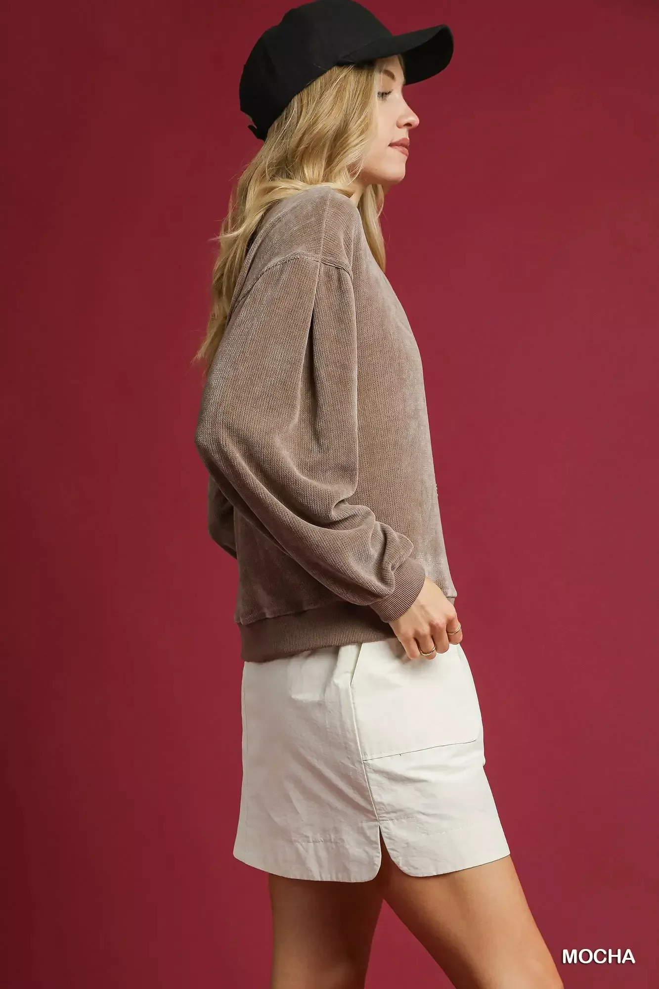Umgee Velour Crewneck Balloon Sleeve Sweatshirt - Image 2