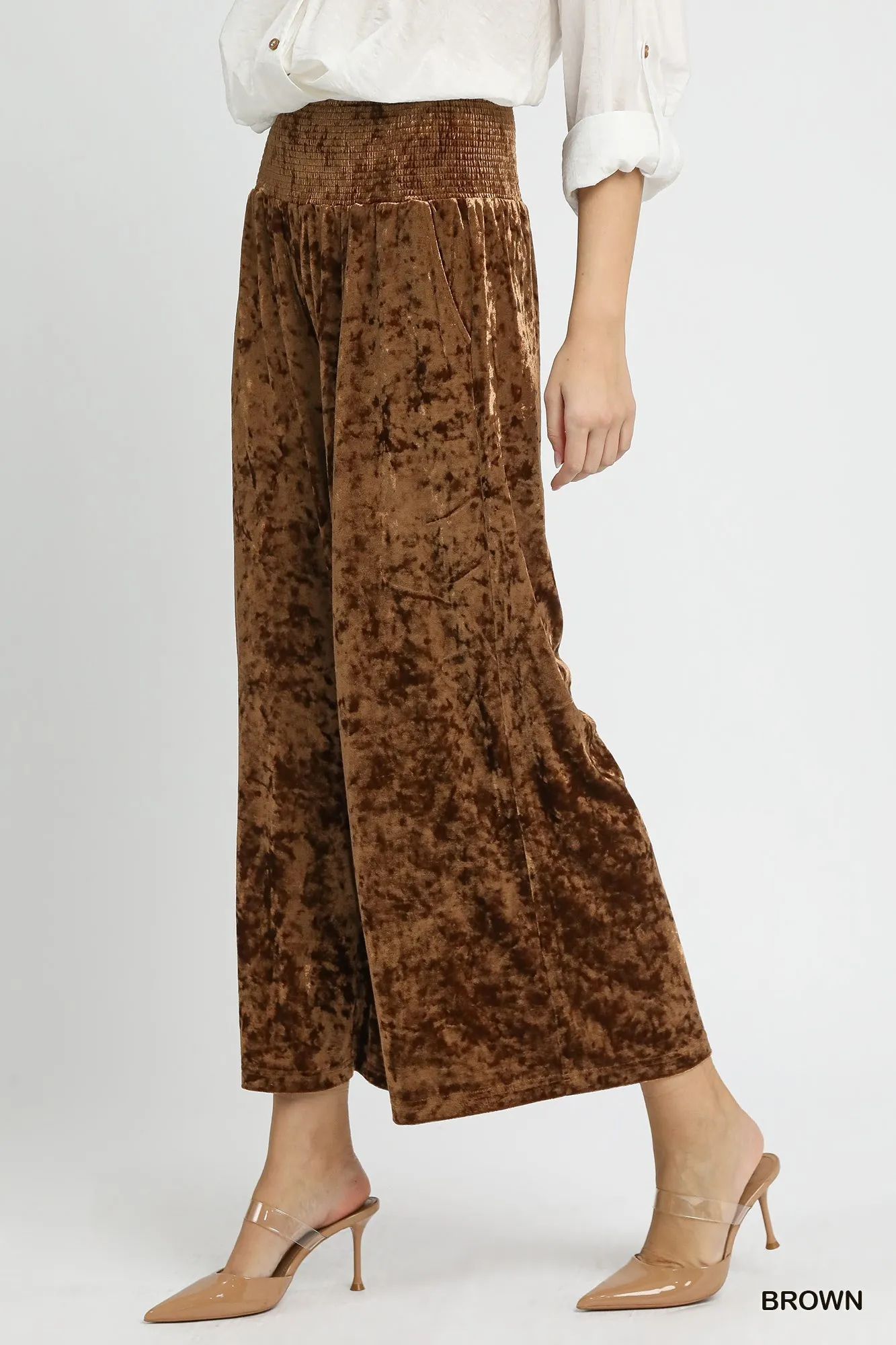 Umgee Velvet Smocked Waistband Wide Leg Pants - Image 3