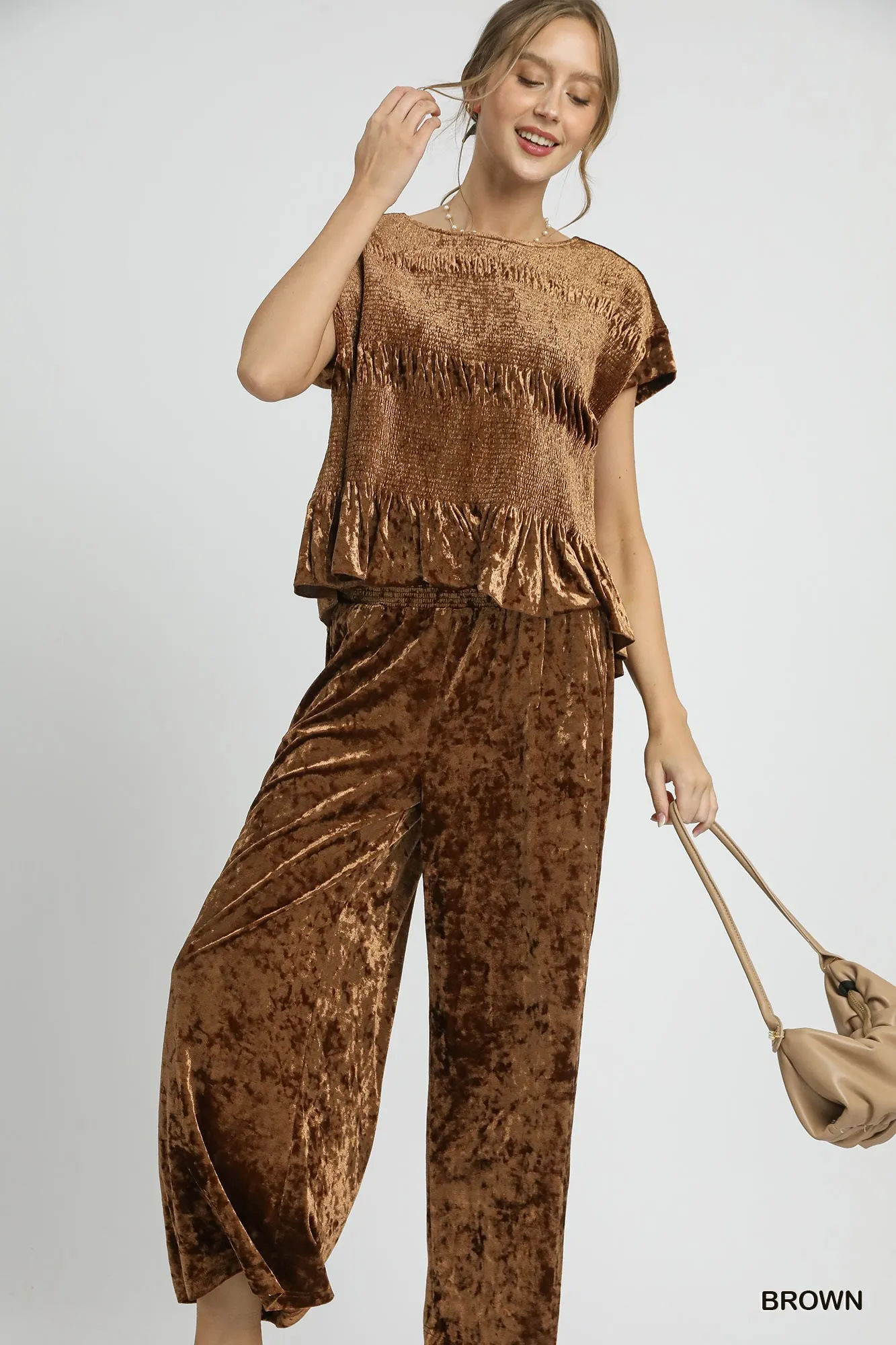 Umgee Velvet Smocked Waistband Wide Leg Pants - Image 4
