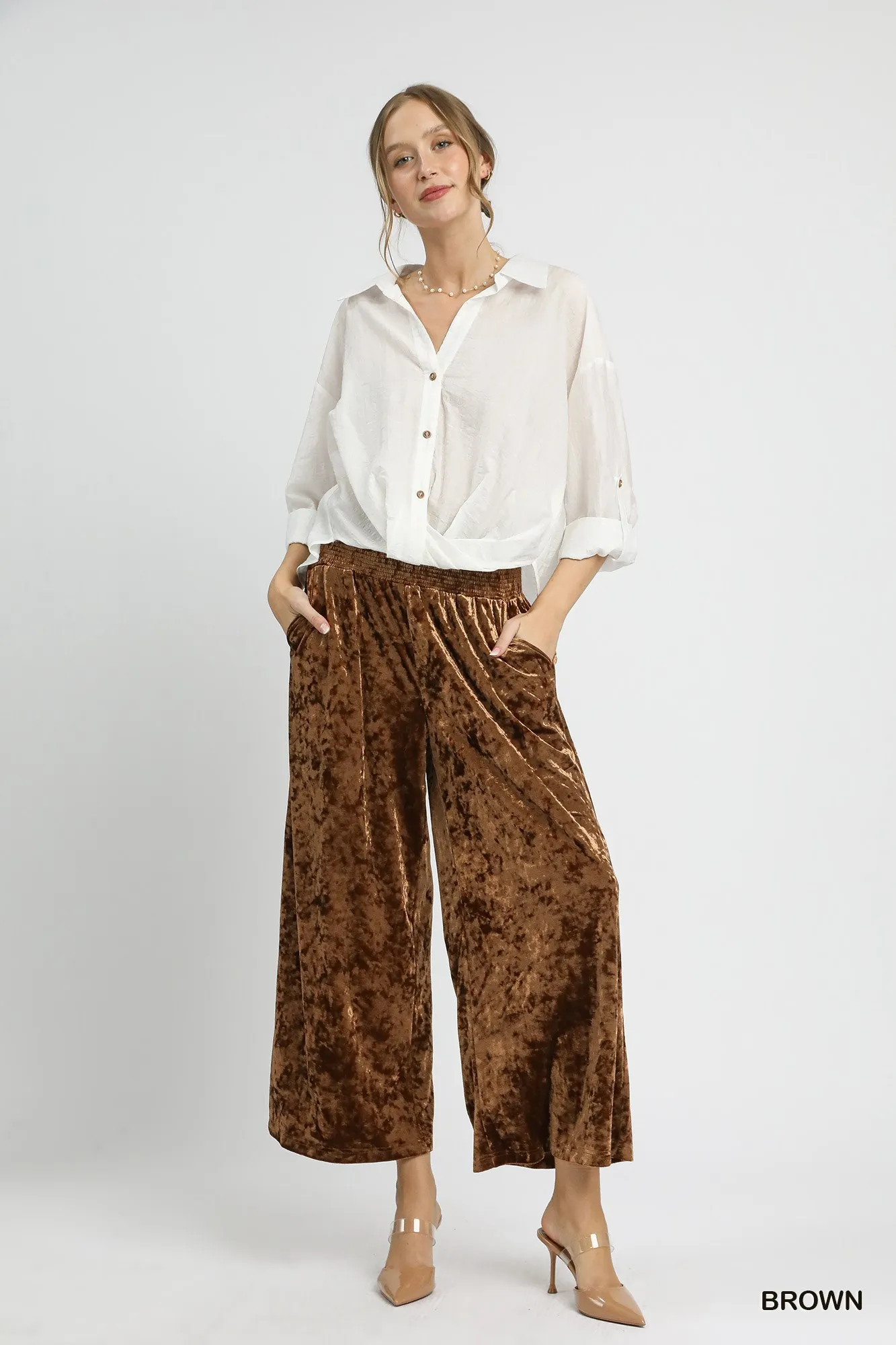 Umgee Velvet Smocked Waistband Wide Leg Pants - Image 5