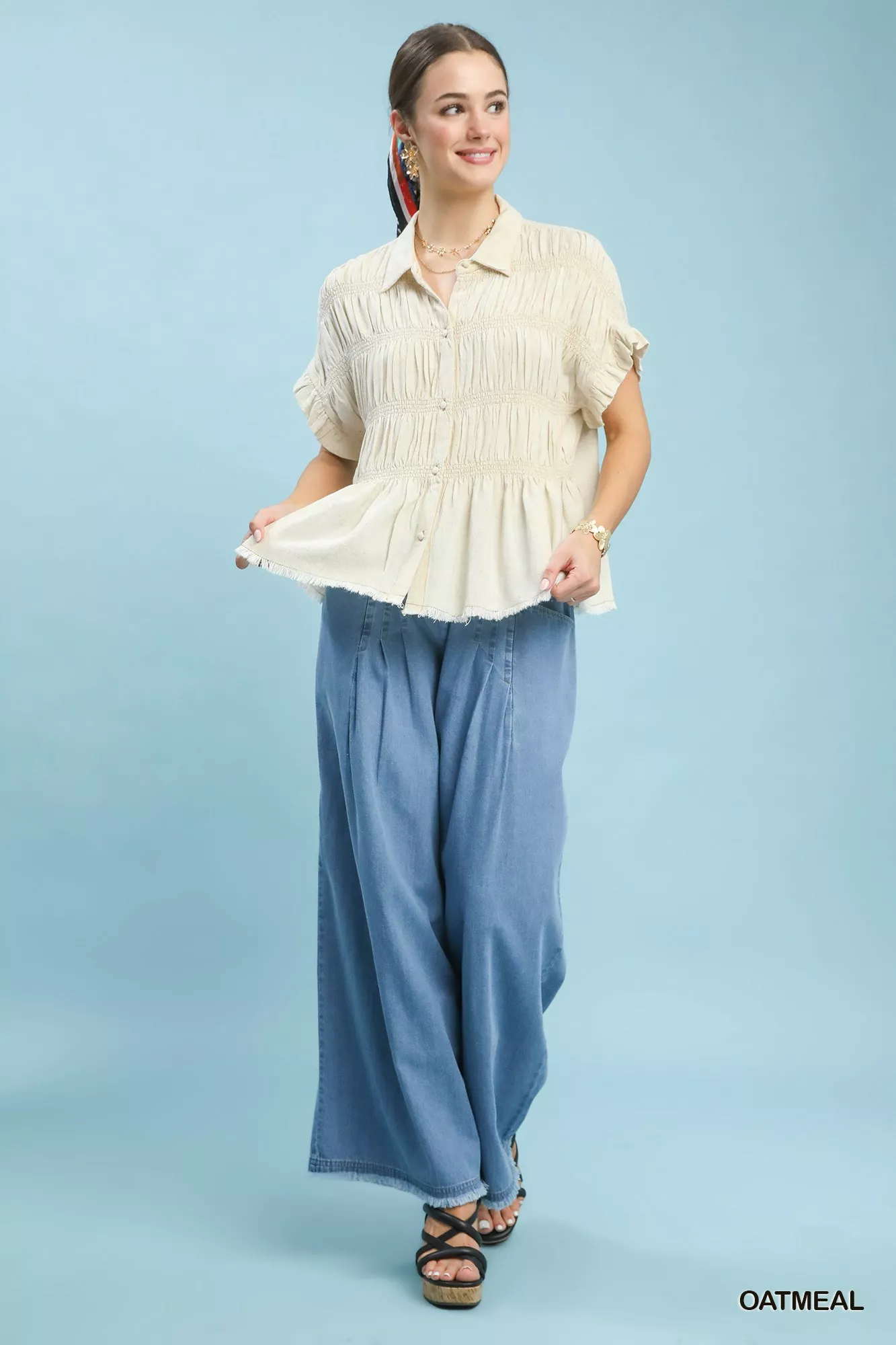 Umgee Washed Linen Blend Smocked Shirt - Image 5