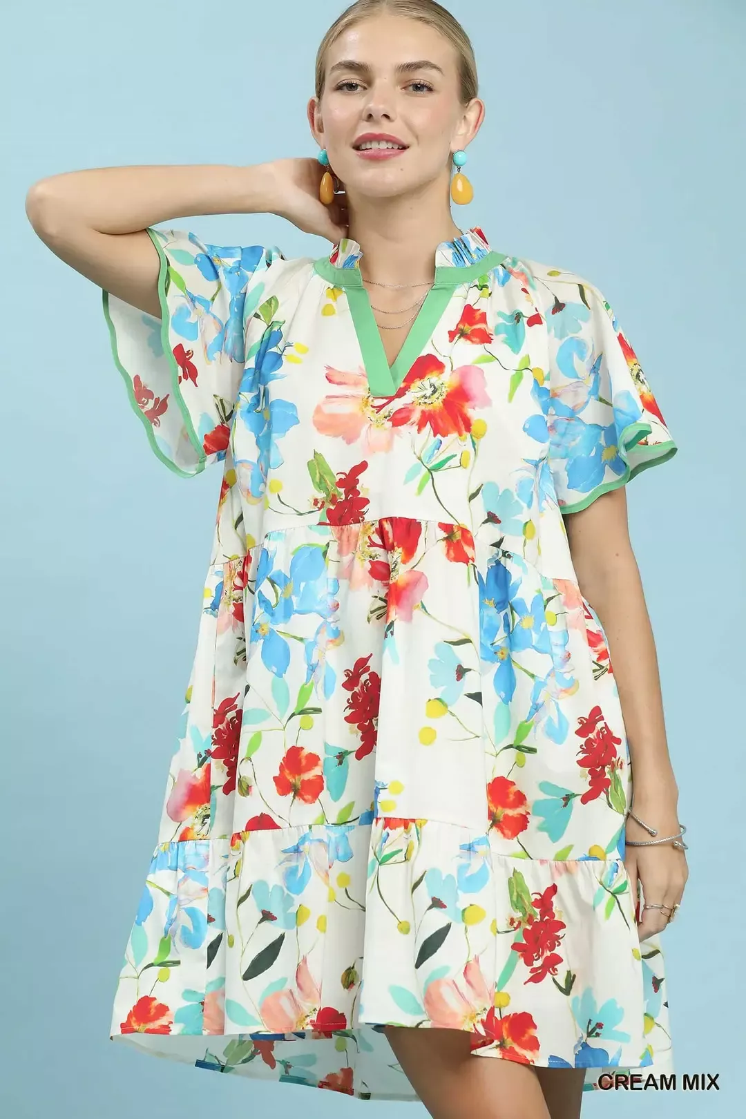 Umgee Watercolor Floral Print Dress with Contrast Trim