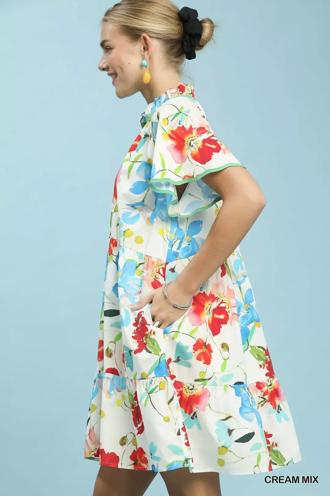 Umgee Watercolor Floral Print Dress with Contrast Trim - Image 2