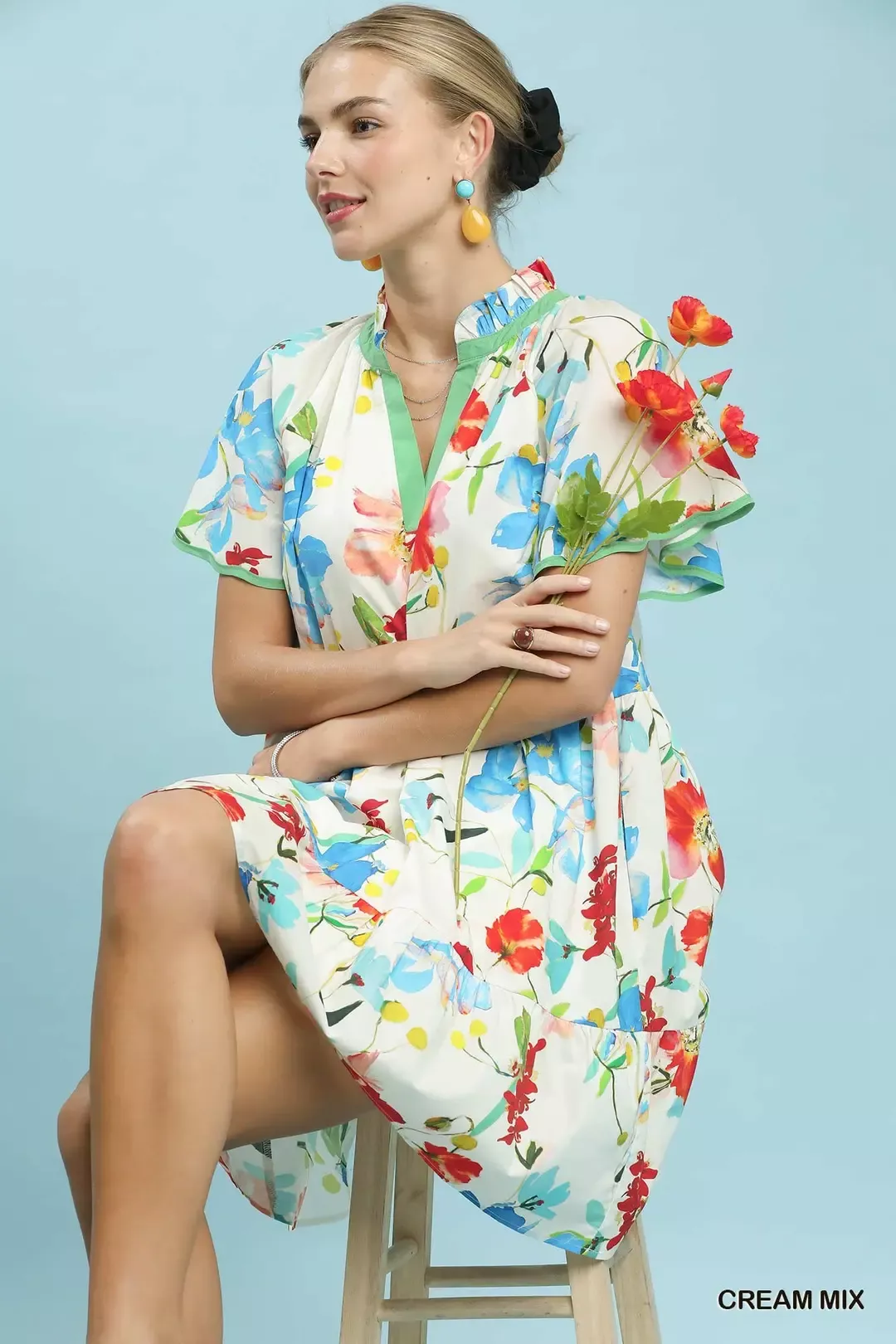 Umgee Watercolor Floral Print Dress with Contrast Trim - Image 4