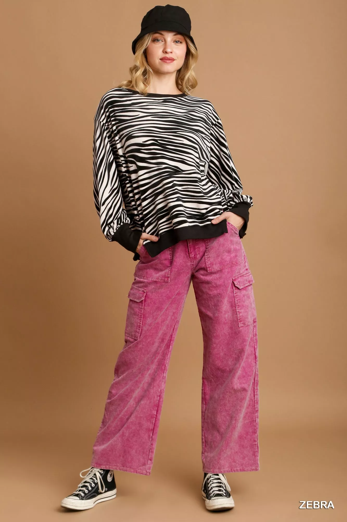 Umgee Zebra Striped Fleece Pullover Sweater Shirt - Image 2