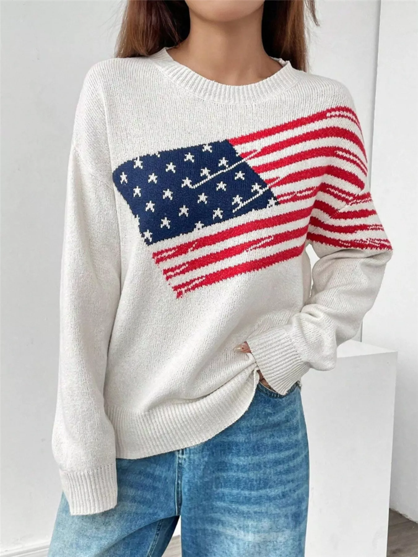US Flag Round Neck Long Sleeve Sweater - Image 3