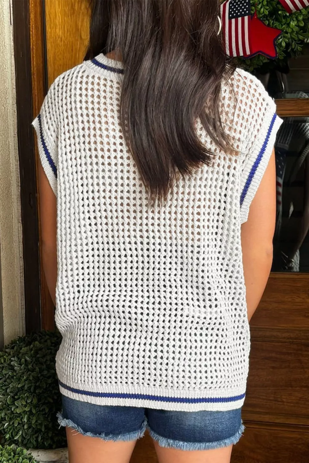 USA Flag Eyelet Knitted Cap Sleeve Sweater Top - Image 2