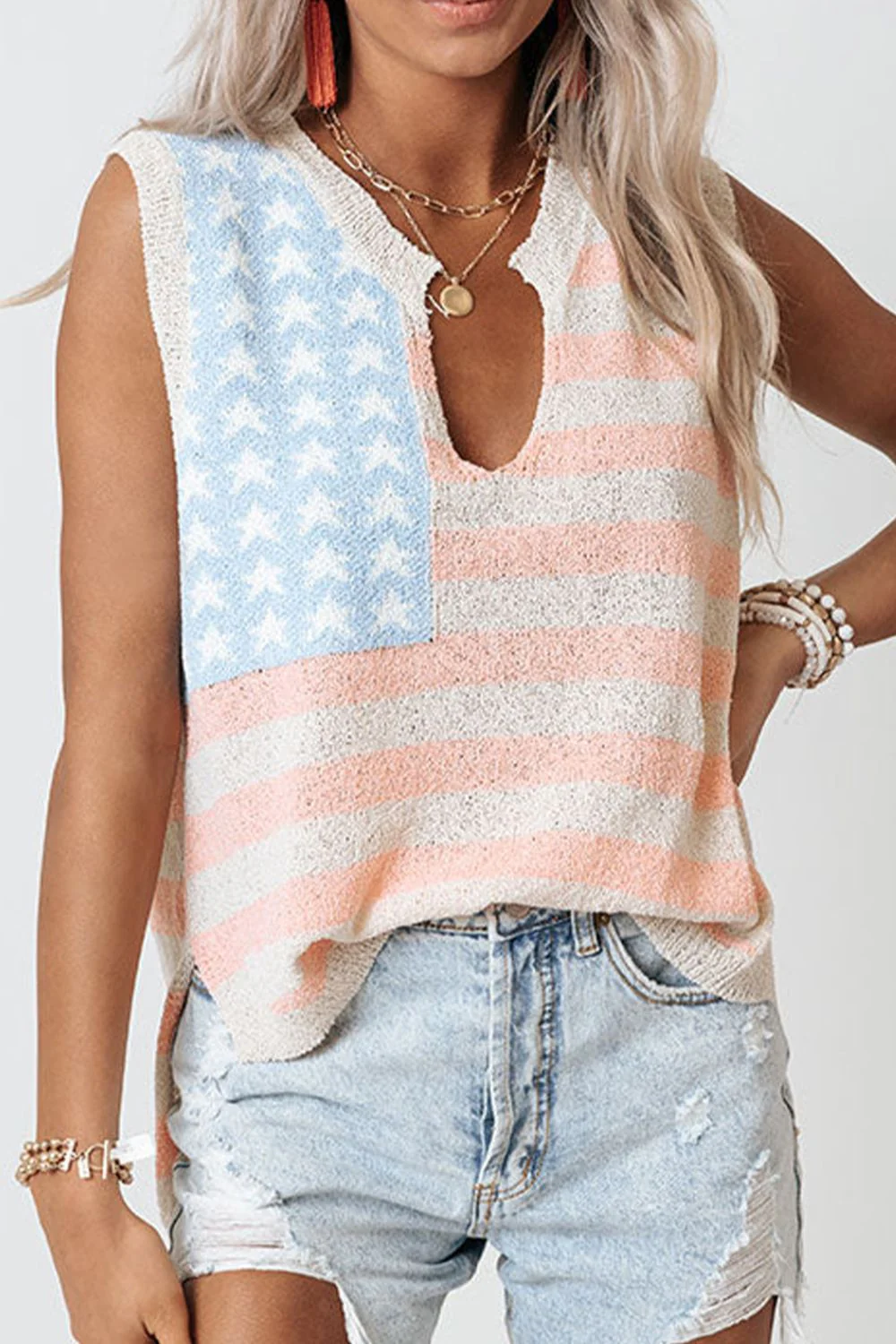 USA Flag Notched Loose Fit Sweater Vest - Image 3