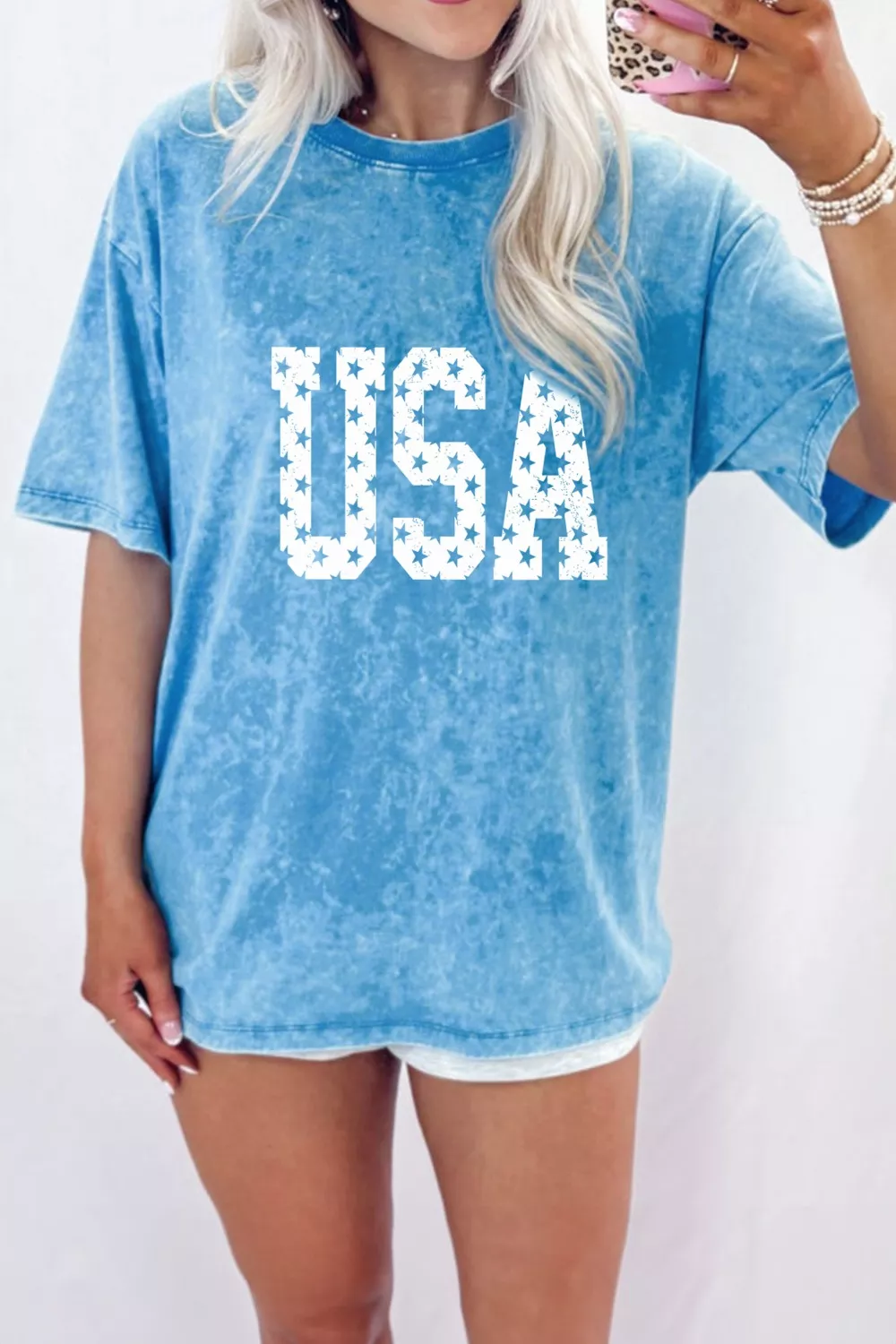 USA Star Print Acid Wash T-Shirt - Image 2