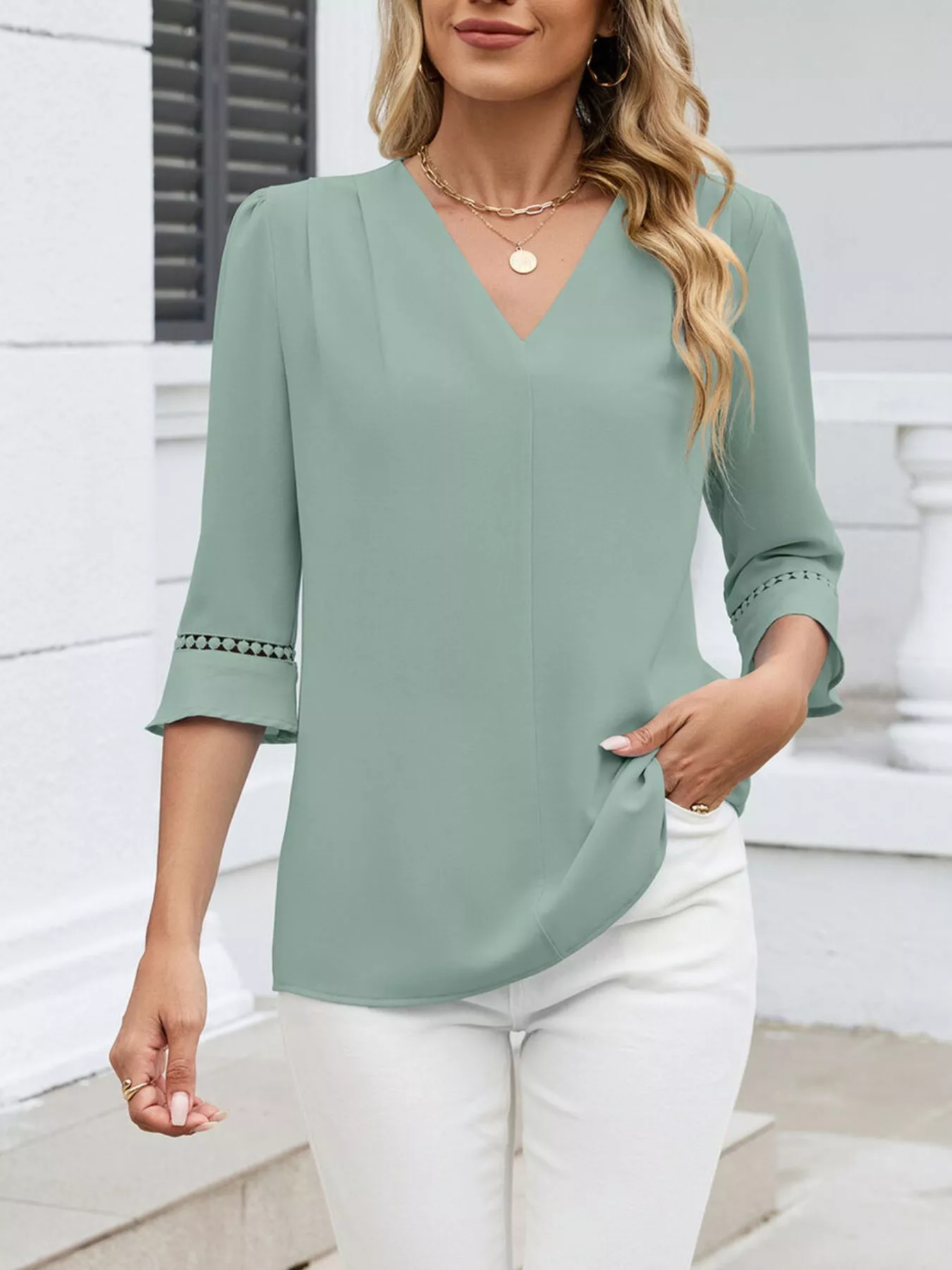 V-Neck 3/4 Sleeve Blouse - Image 25