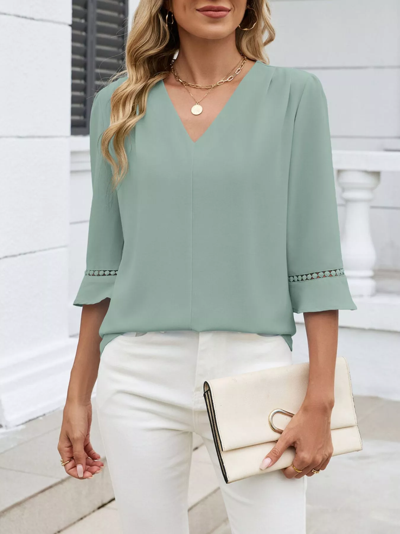 V-Neck 3/4 Sleeve Blouse - Image 26
