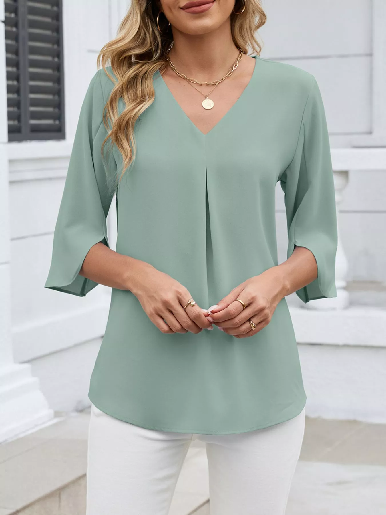 V-Neck 3/4 Sleeve Blouse - Image 16
