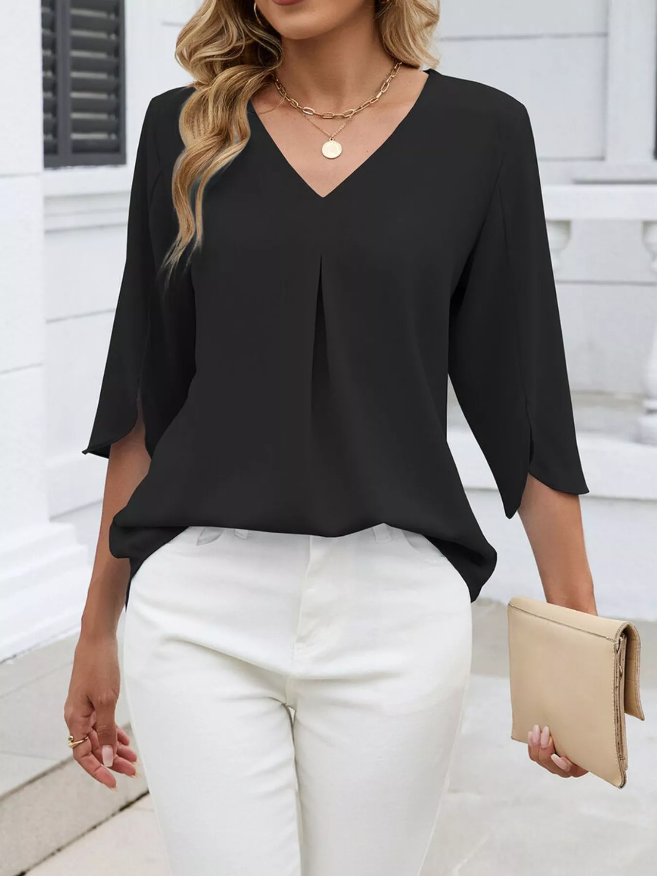 V-Neck 3/4 Sleeve Blouse - Image 8