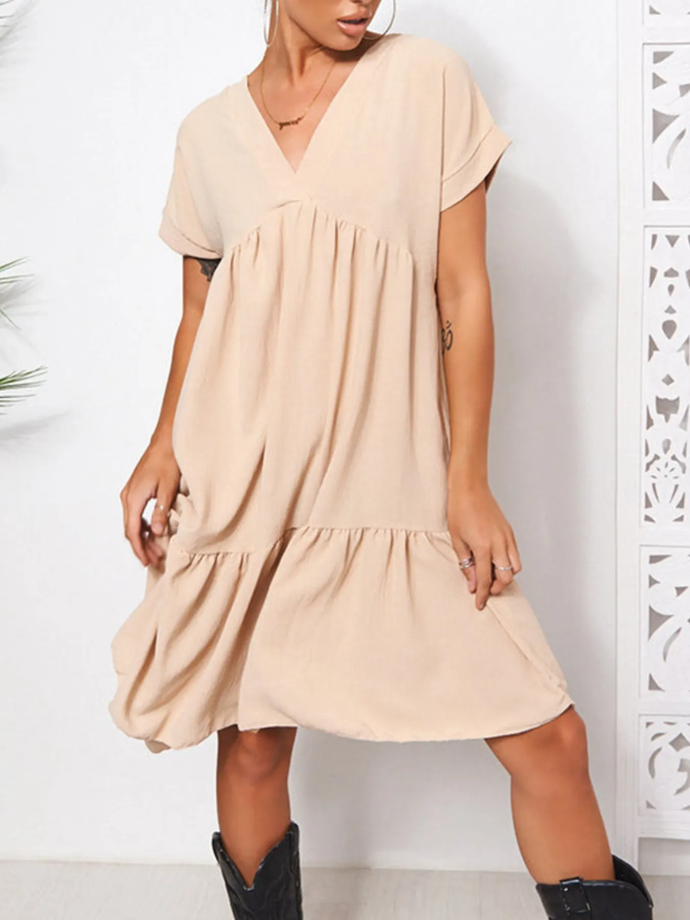 V-Neck Babydoll Tiered Mini Dress - Image 2