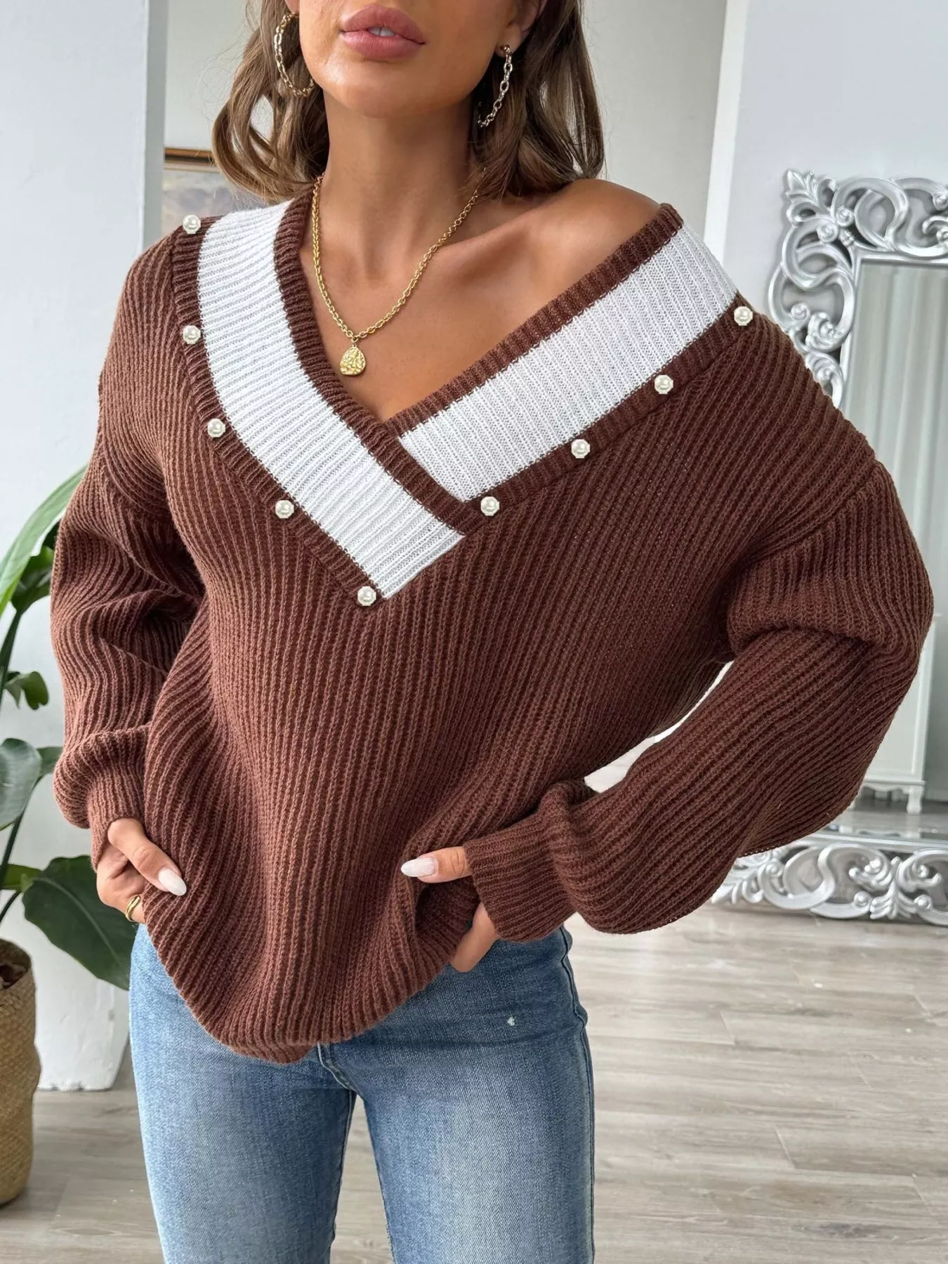 V-Neck Button-Decorated Sweater - Image 2