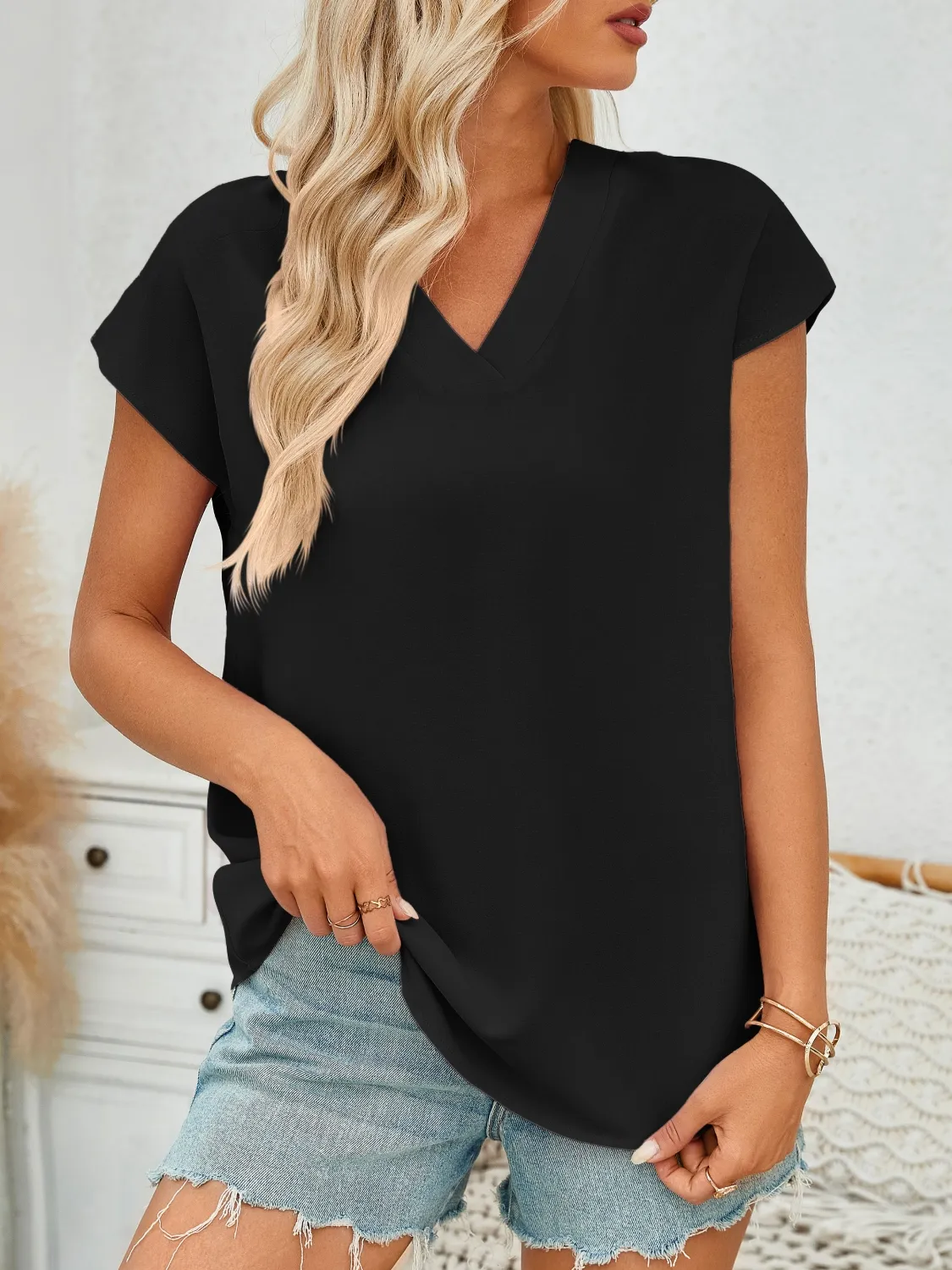 V-Neck Cap Sleeve Blouse - Image 18