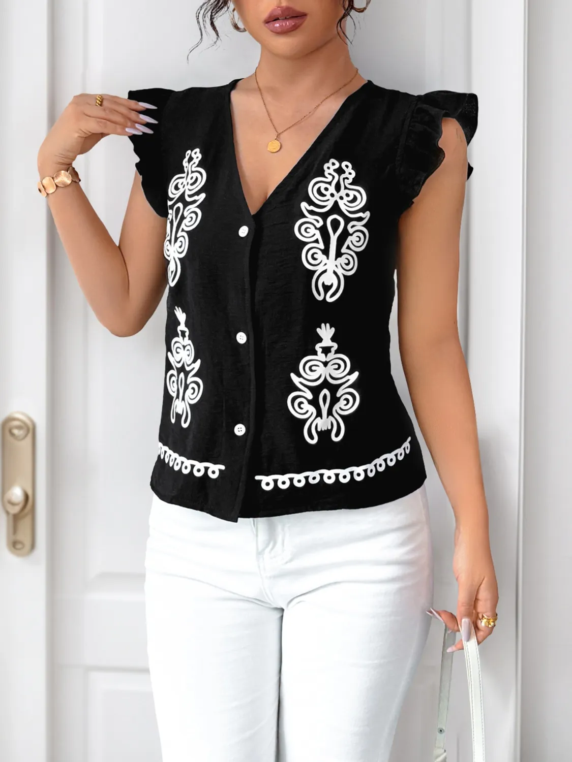 V-Neck Cap Sleeve Shirt - Image 2