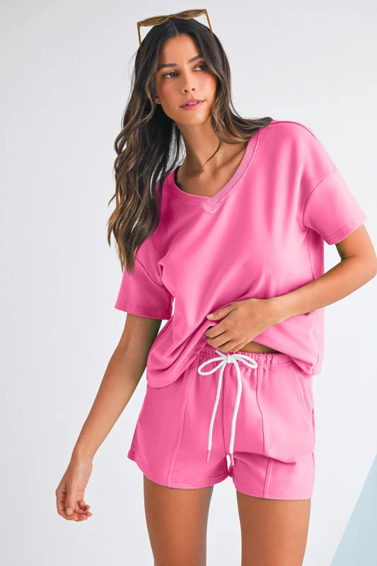 V Neck Drop Shoulder Tee and Patchwork Shorts Set - Image 16