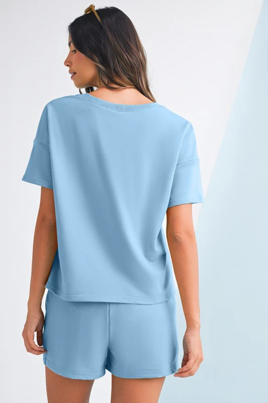 V Neck Drop Shoulder Tee and Patchwork Shorts Set - Image 20