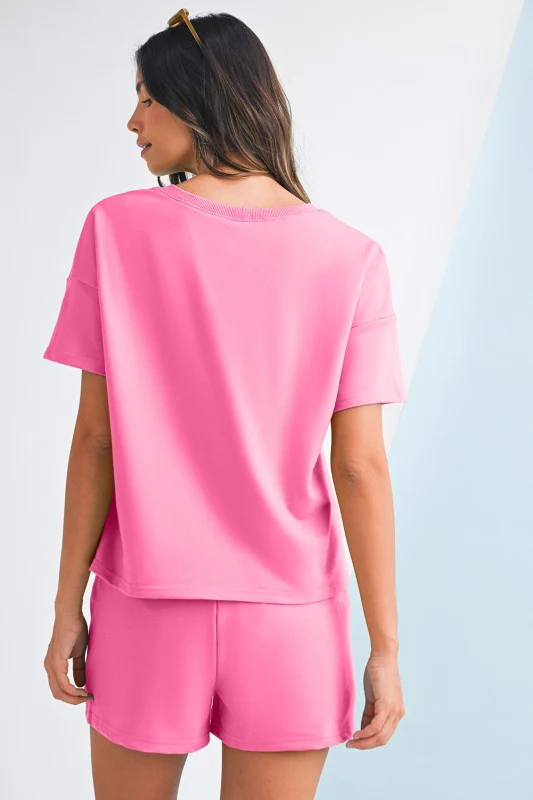 V Neck Drop Shoulder Tee and Patchwork Shorts Set - Image 21