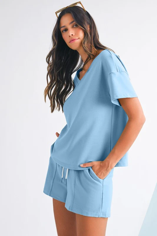 V Neck Drop Shoulder Tee and Patchwork Shorts Set - Image 28