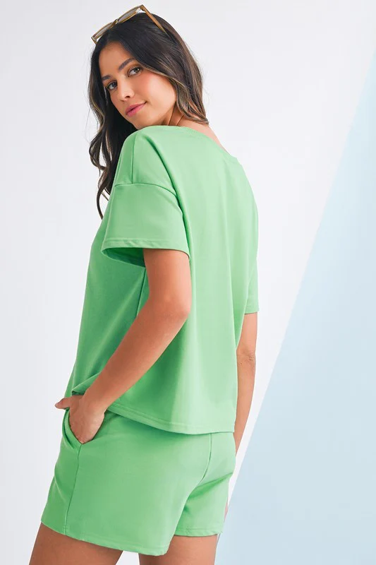 V Neck Drop Shoulder Tee and Patchwork Shorts Set - Image 32