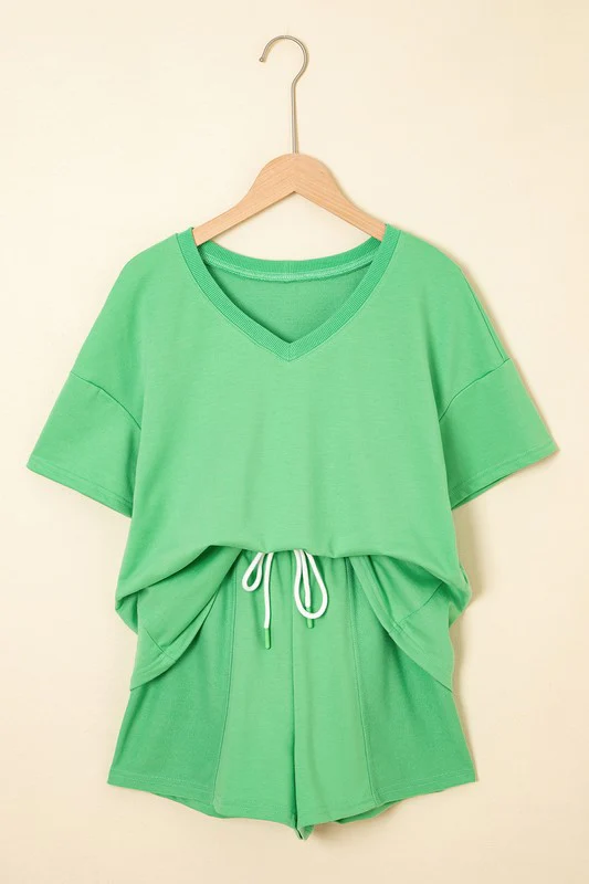 V Neck Drop Shoulder Tee and Patchwork Shorts Set - Image 34