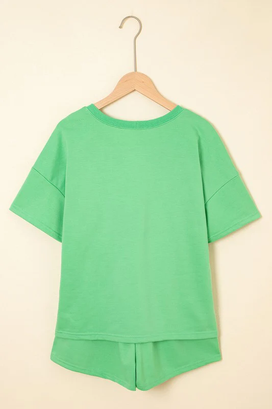 V Neck Drop Shoulder Tee and Patchwork Shorts Set - Image 35
