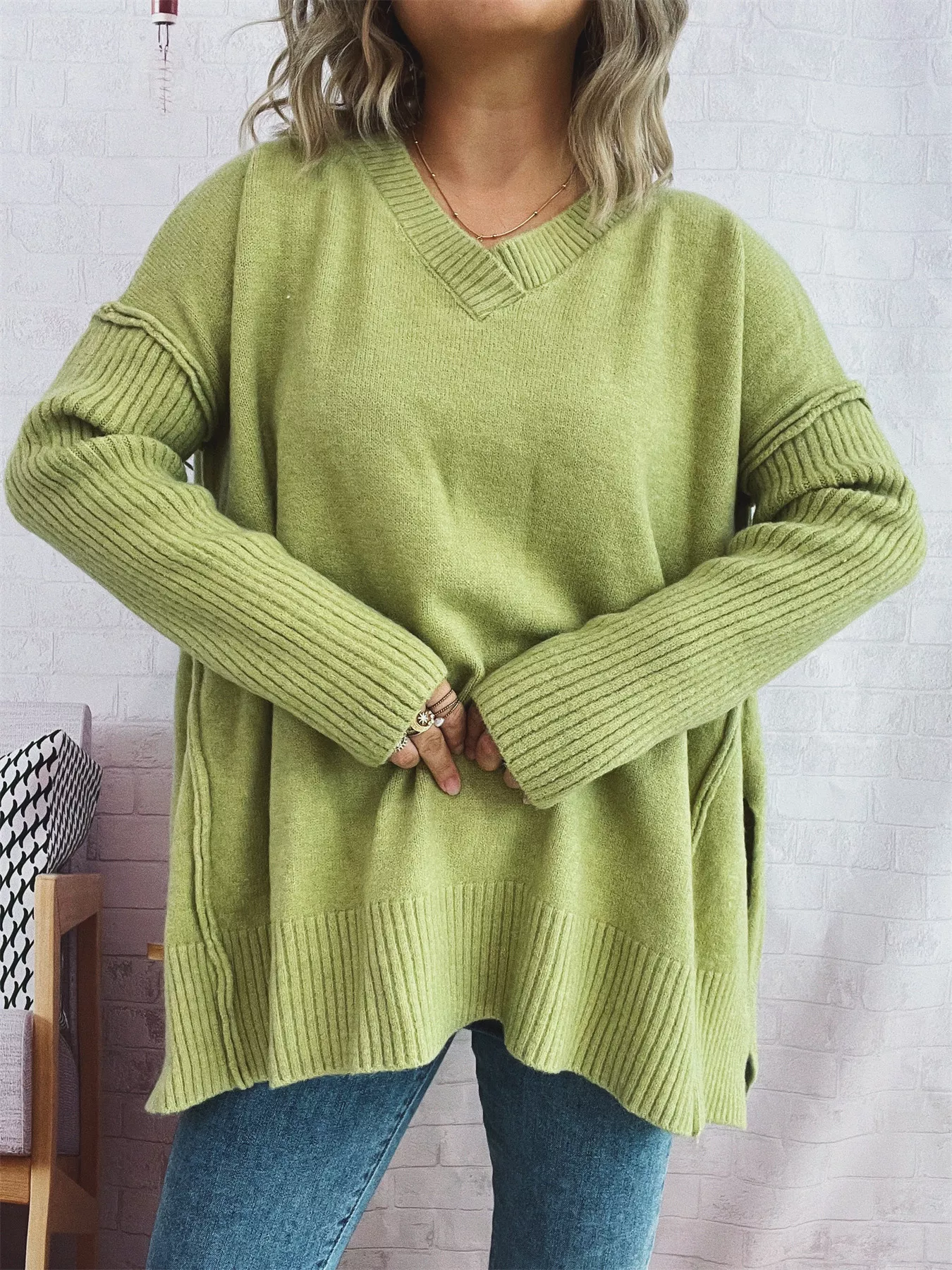 V-Neck Dropped Shoulder Sweater - Image 12