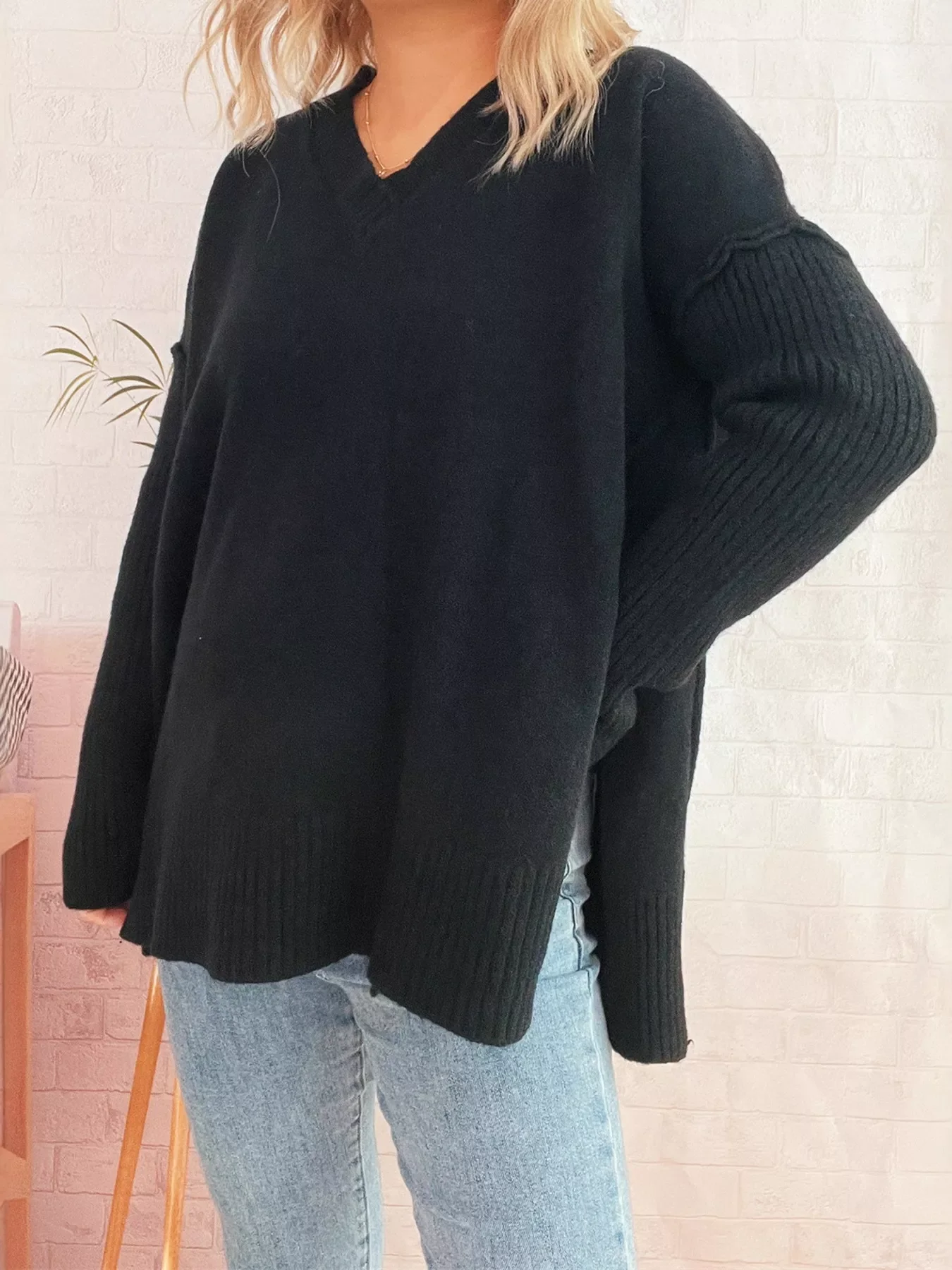V-Neck Dropped Shoulder Sweater - Image 17