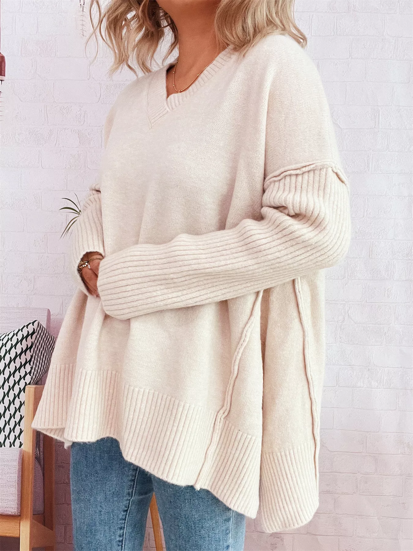 V-Neck Dropped Shoulder Sweater - Image 3