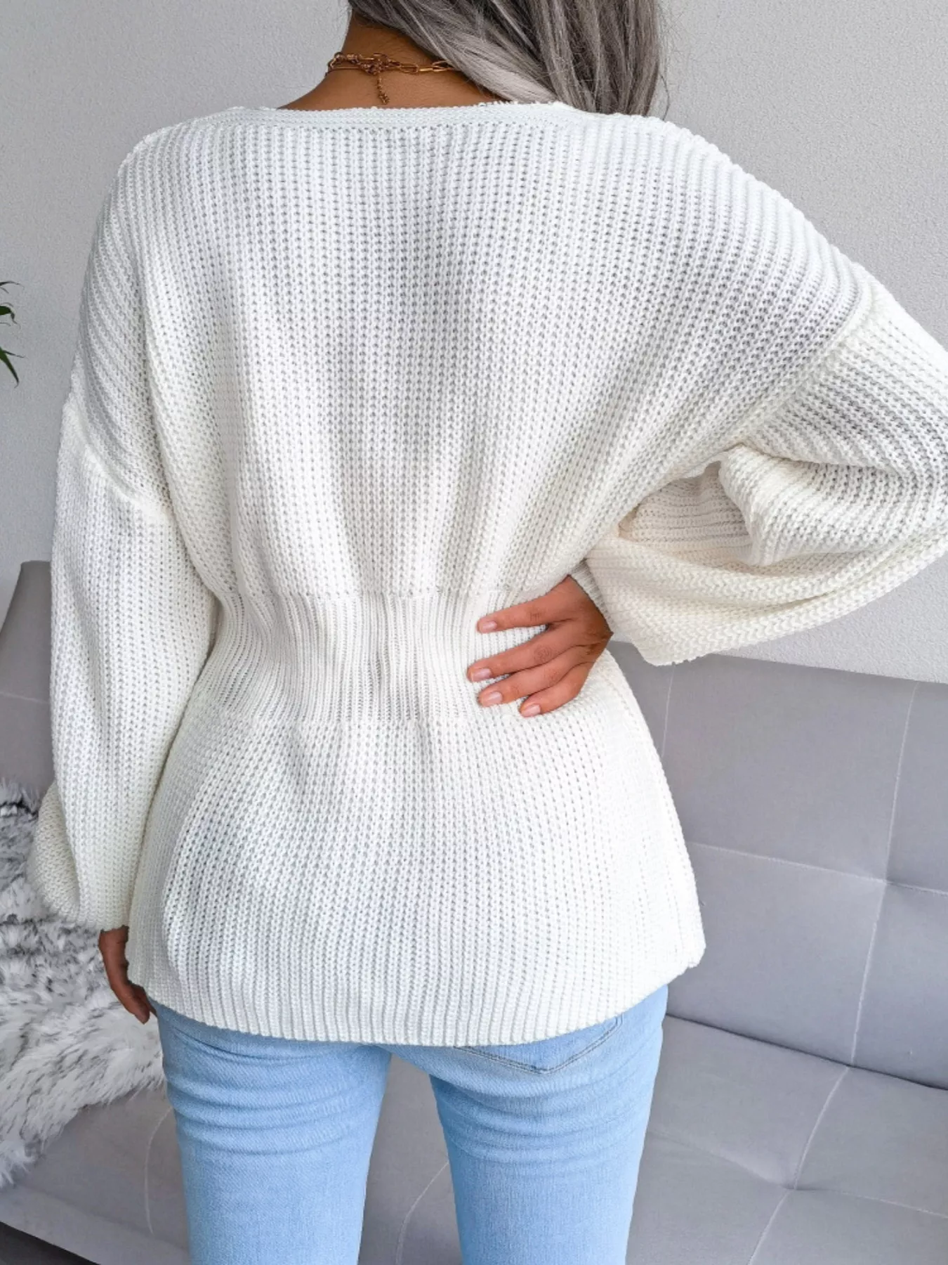 V-Neck Dropped Shoulder Sweater - Image 3