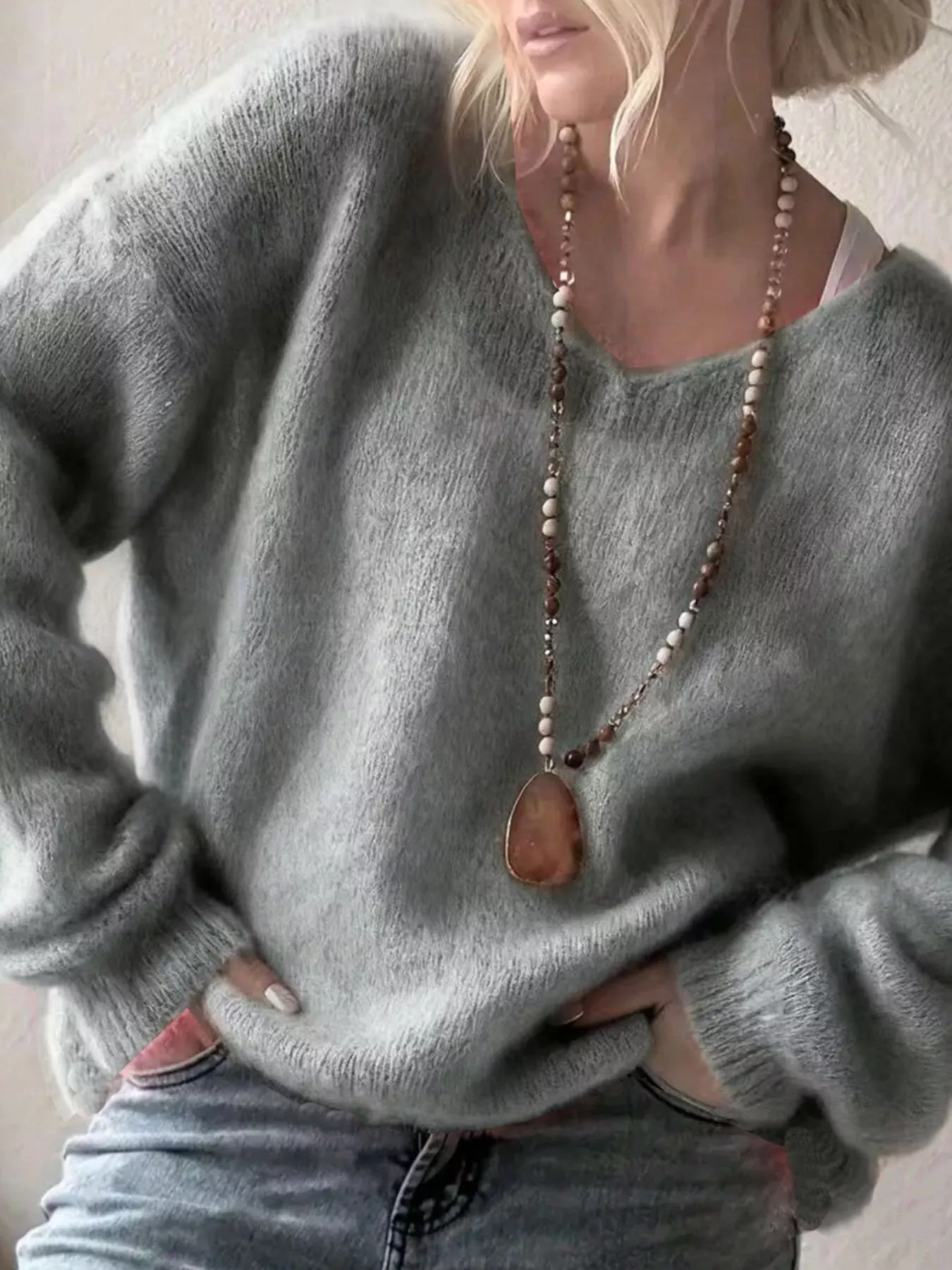 V-Neck Dropped Shoulder Sweater - Image 10