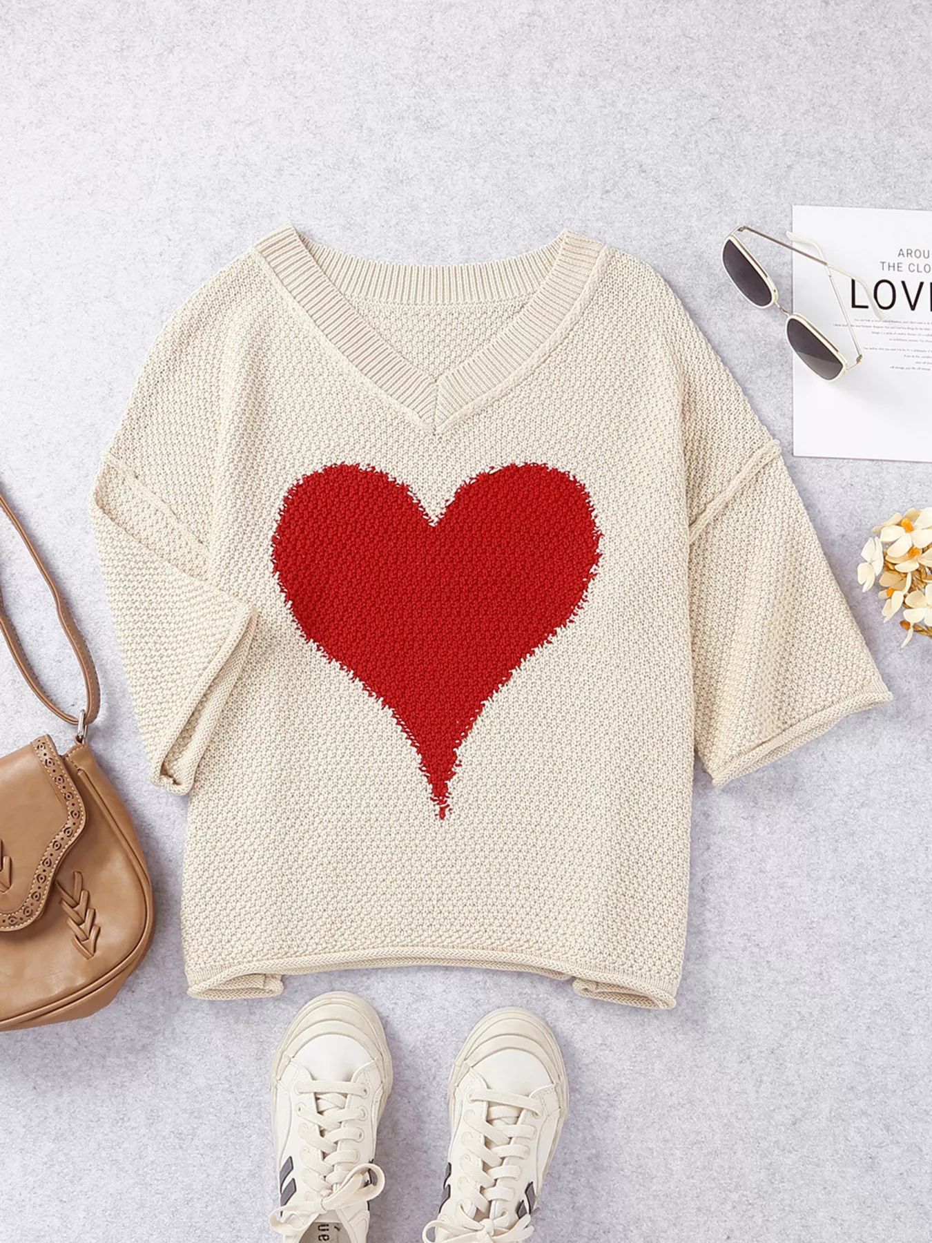 V-Neck Dropped Sleeve Heart Print Valentines Sweater - Image 6