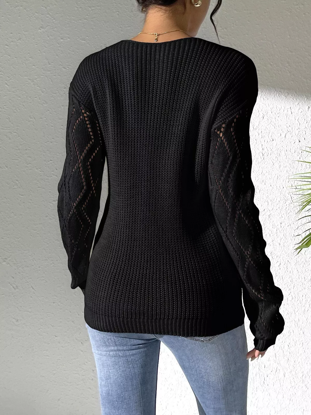 V-Neck Hollow Knit Sweater - Image 11