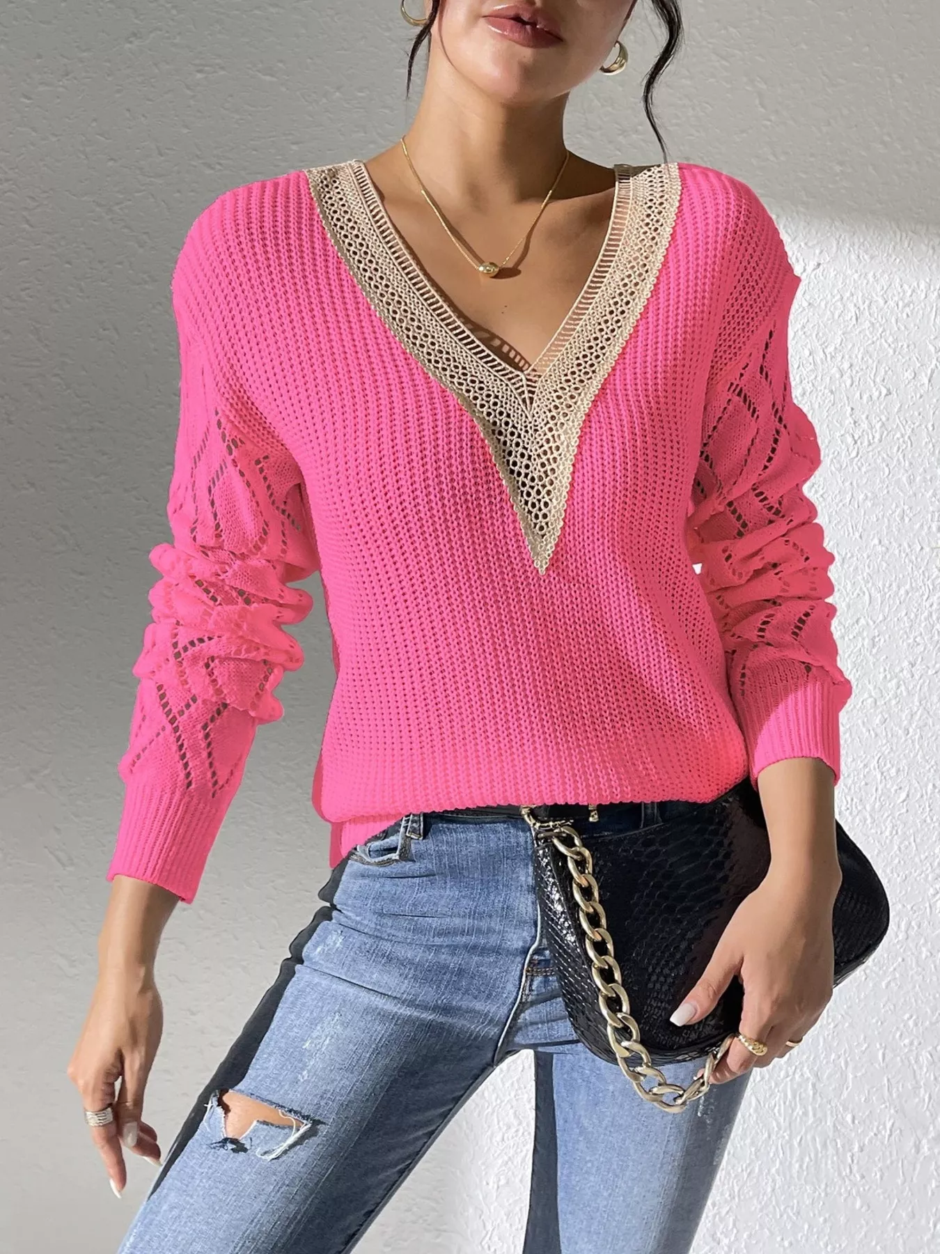 V-Neck Hollow Knit Sweater - Image 16