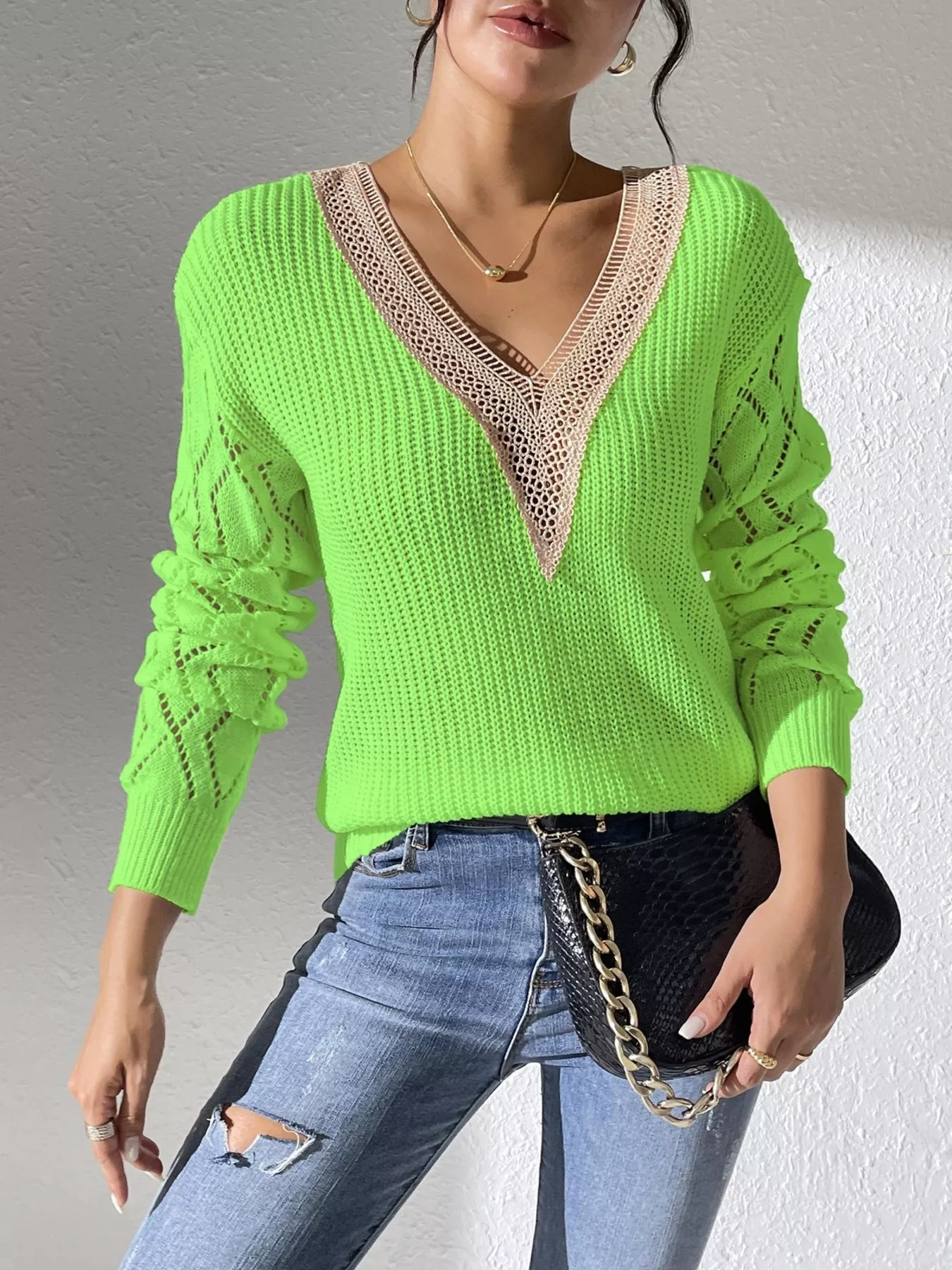 V-Neck Hollow Knit Sweater - Image 18