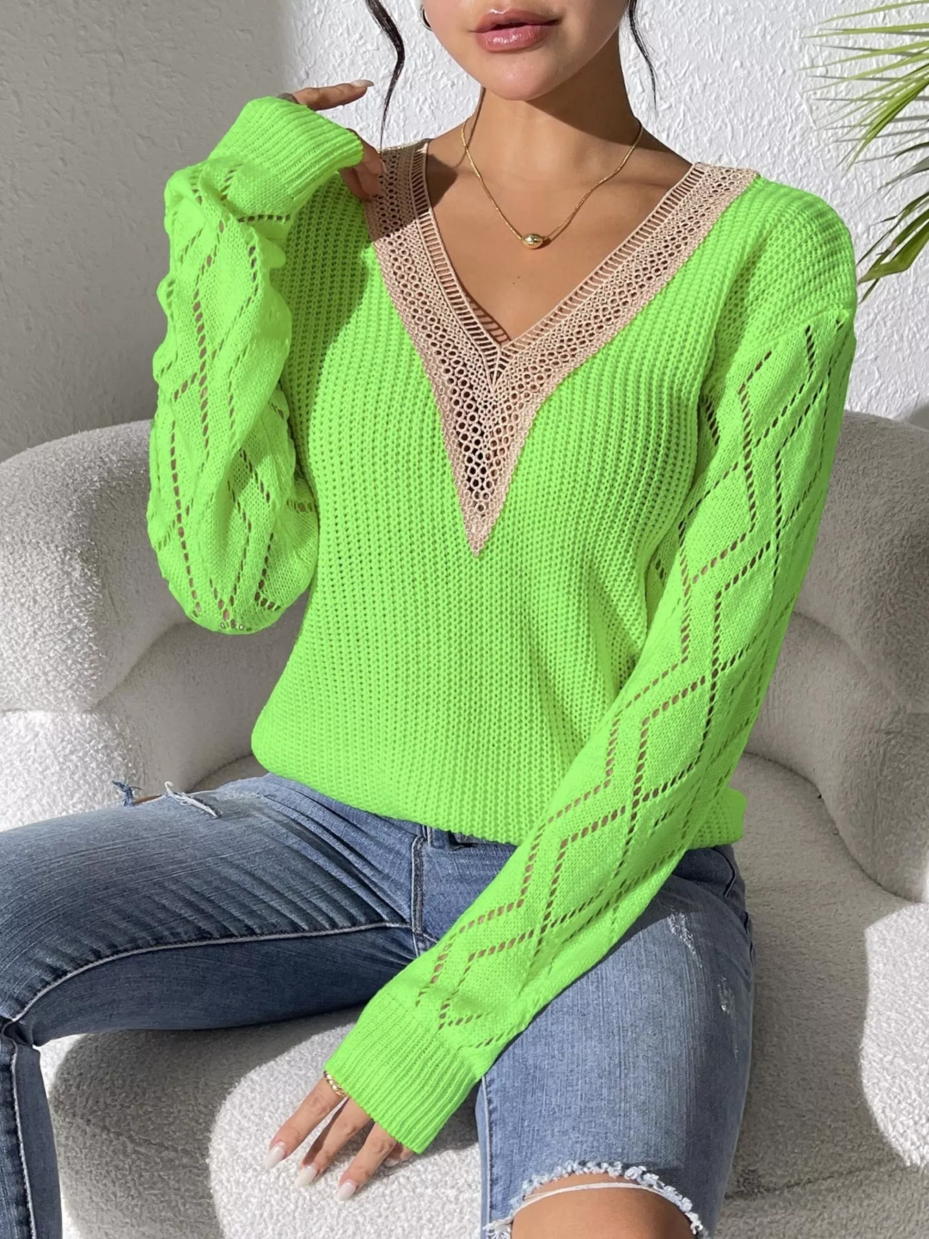 V-Neck Hollow Knit Sweater - Image 19