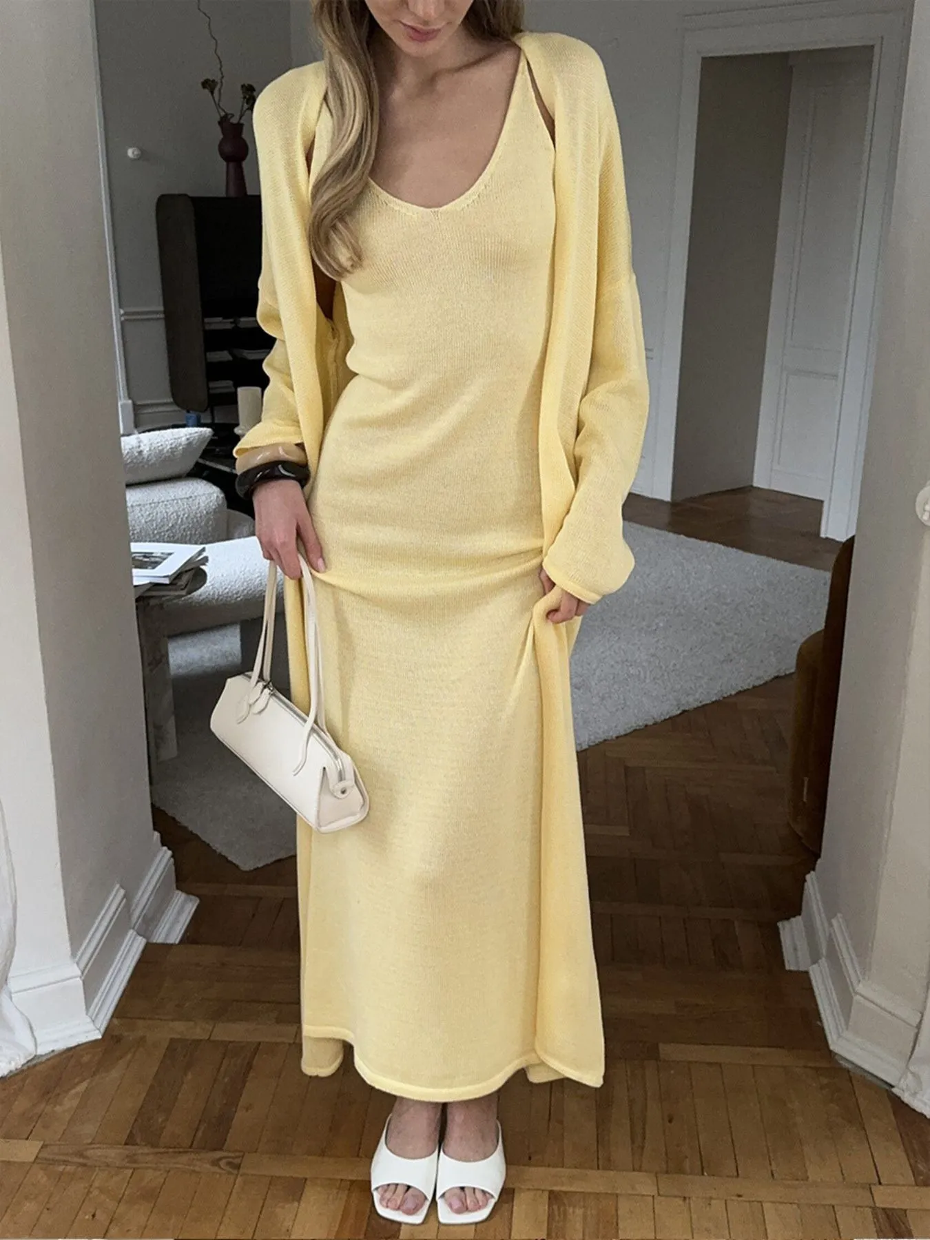 V-Neck Knit Dress and Cardigan Sweater Set