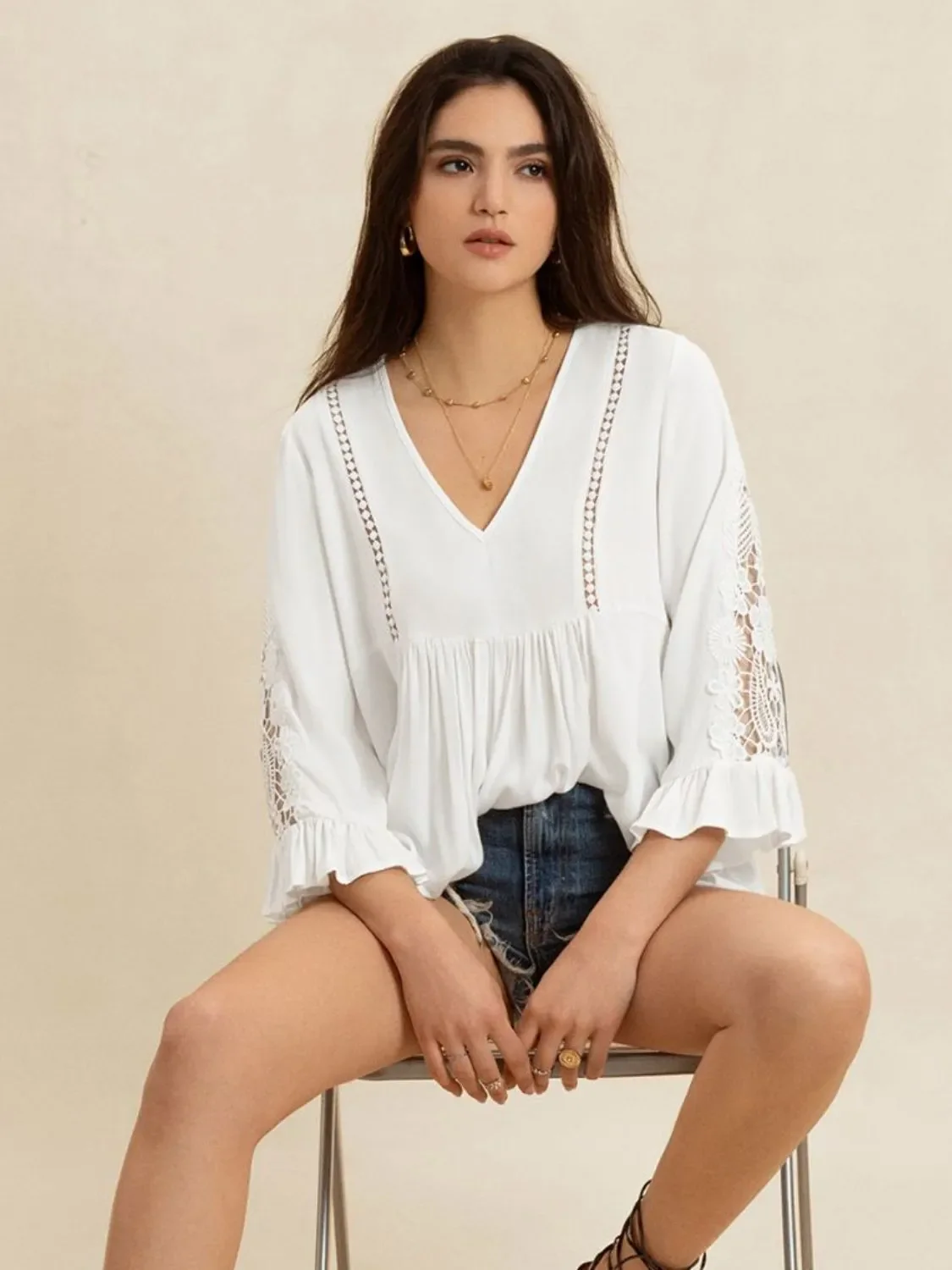 V-Neck Lace Flounce Sleeve Top - Image 7
